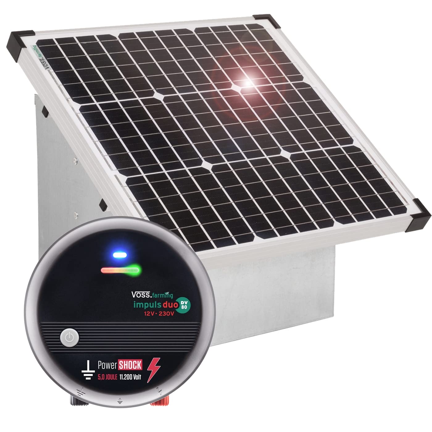 VOSS.farming Set elettrificatore recinzioni da pascolo Duo DV 80 da 12 V + Pannello Fotovoltaico 35W e Scatola in Metallo