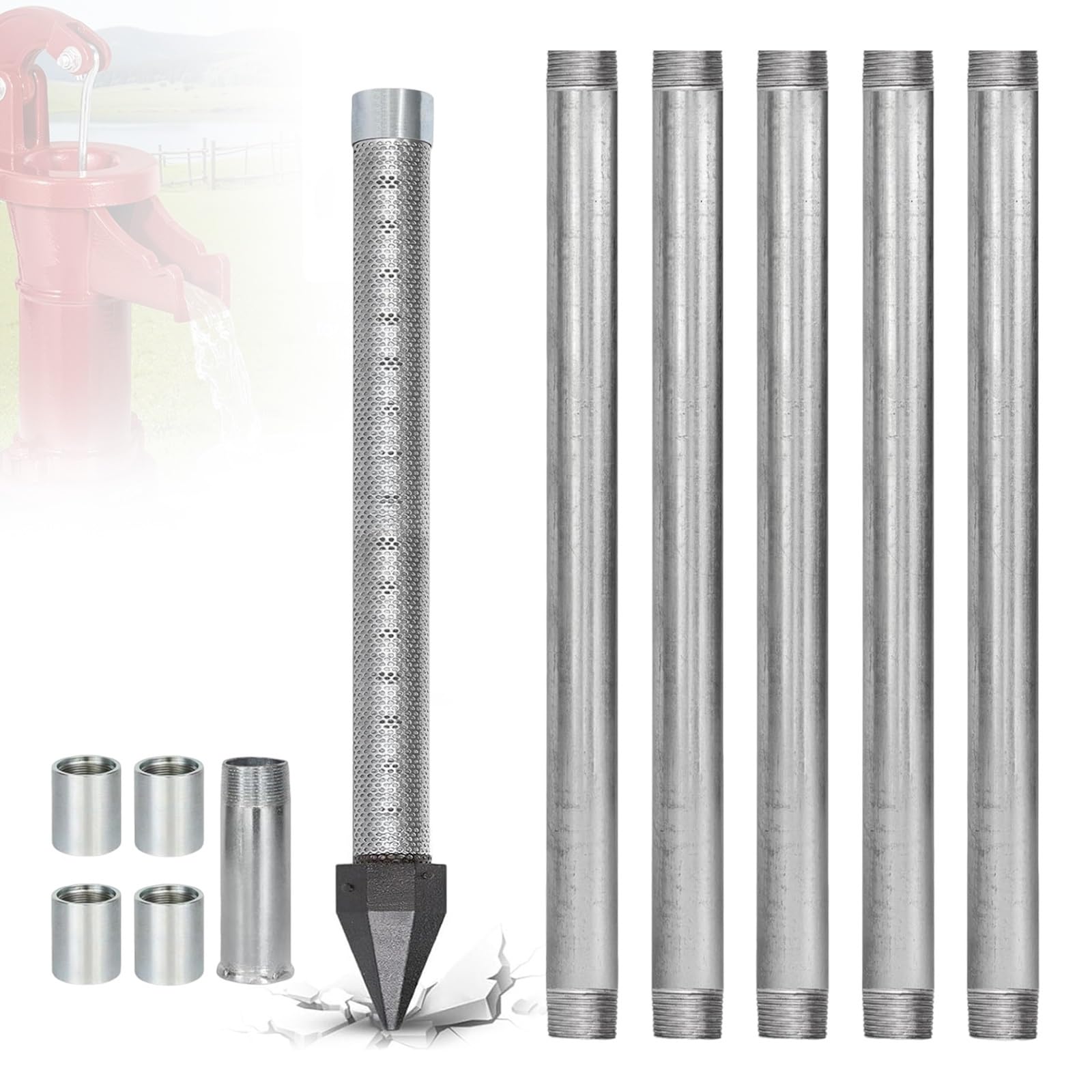 Punta para Pozo 1-1/4 Pulgadas, Kit Punto Filtro Sedimento 36" con Filtro Inox 60 Mesh, Tubos de Extensión Galvanizados y Unión para Extracción de Agua Fai-da-te(6m)