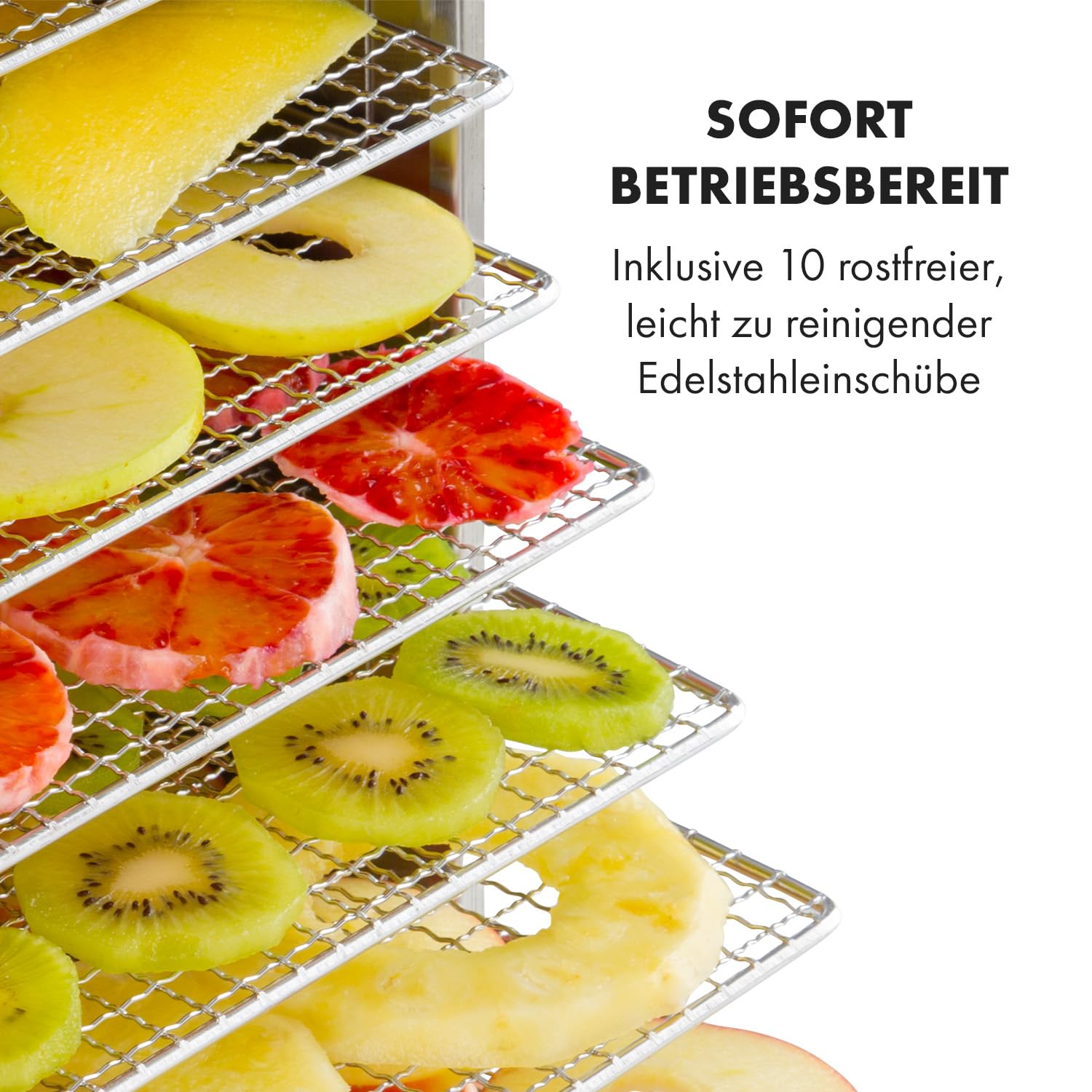 Klarstein Captain Jerky 110 Dörrautomat, 1000 W, Temperatur: 30-90 °C, 24-Stunden-Timer, BPA-frei, Touch-Bedienfeld, 10 Einschübe, Glastür, Edelstahl Dörrgerät für Obst, Gemüse, Auffangblech, silber