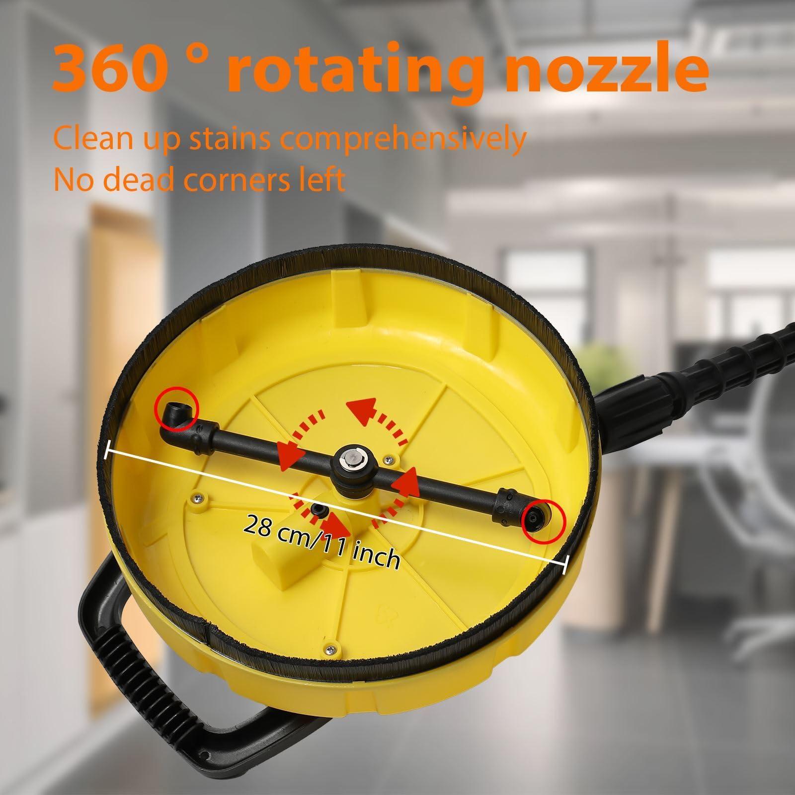 Limpiador de alta presión – Accesorio de limpieza exterior con cepillo giratorio 360°, 28 cm, mango largo y boquillas potentes para terrazas, callejones, paredes y garaje