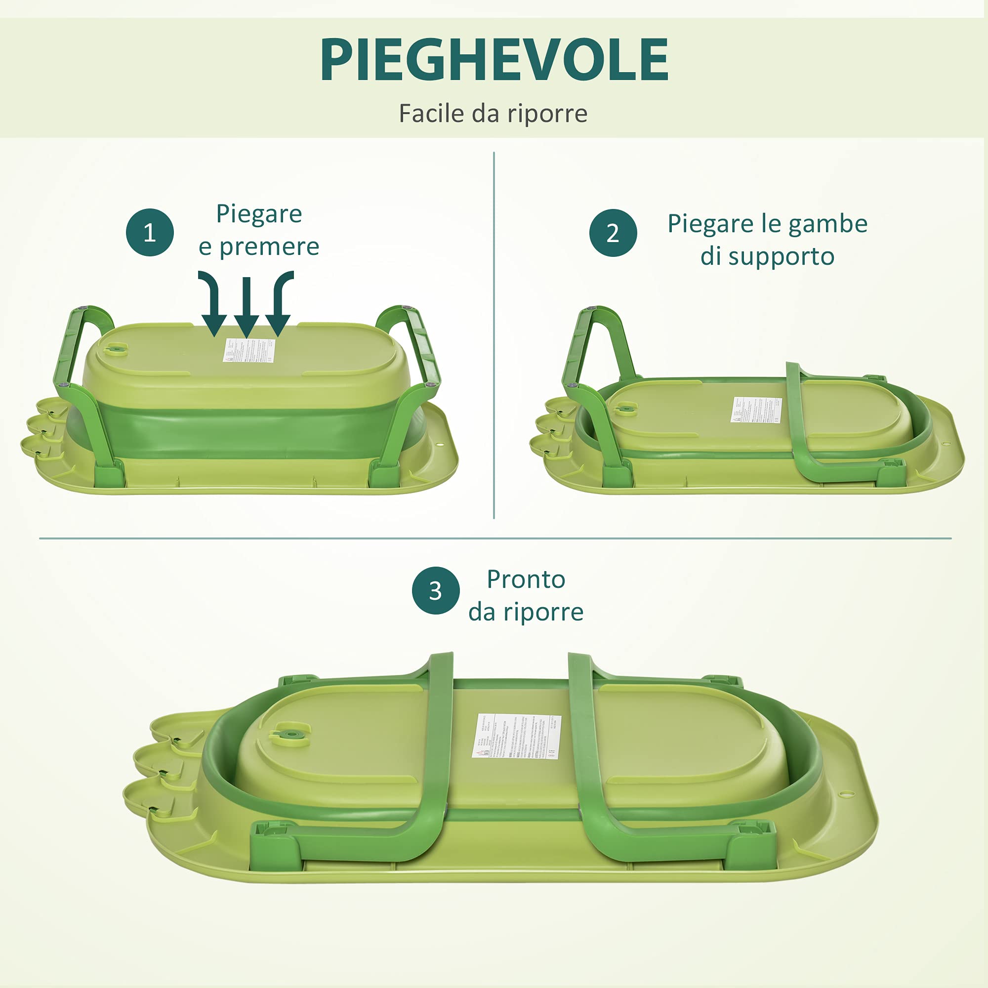 HOMCOM Vaschetta Bagnetto Pieghevole per Bambini 0-3 Anni con Cuscino Regolabile Azzurro e Piedini Antiscivolo, 80x53.9x20.8cm Verde