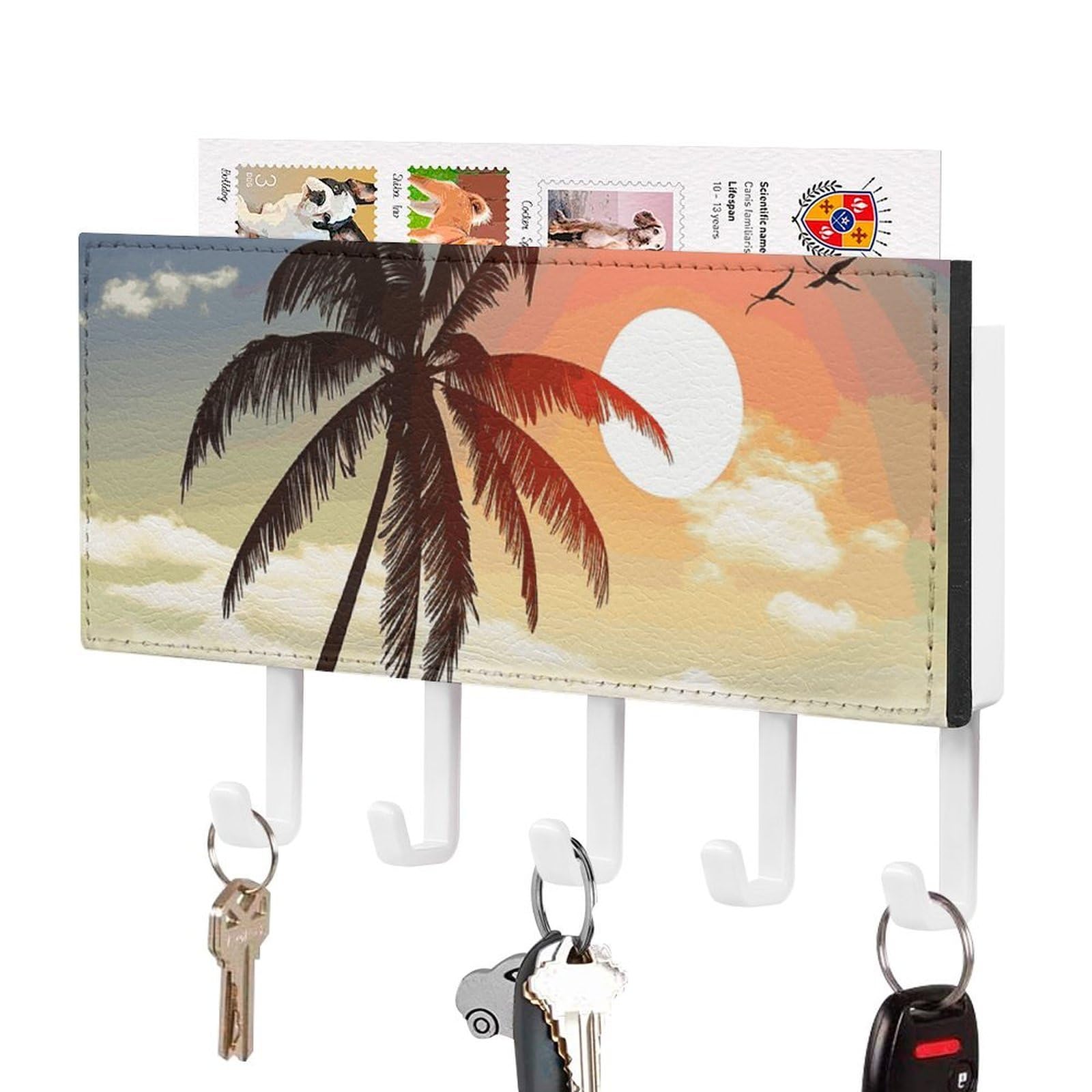 JTREHY Palm Tree on Beach Holder Wall-Mounted Key and Mail Holder,Key Rack with 5Keys Hooks, Easy to Install Mail Organizer for Entryway, Front Door, Hallway, Office