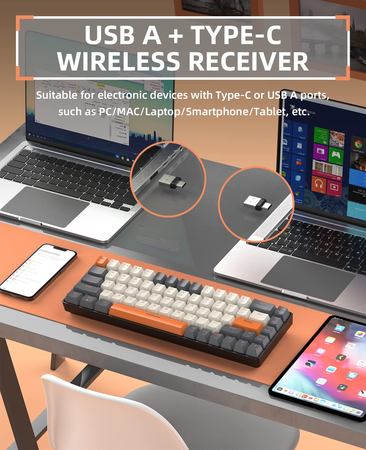 MAGIC-REFINER RK68 Tastiera Gaming Meccanica, 60% Tastiera Wireless 2.4Ghz/Bluetooth 5.0, Apex Pro Mini Hot-Swappable 68 Tasti Interruttore Rosso Lineare con Ricevitore 2 in 1 per PC/MAC, QWERTY US