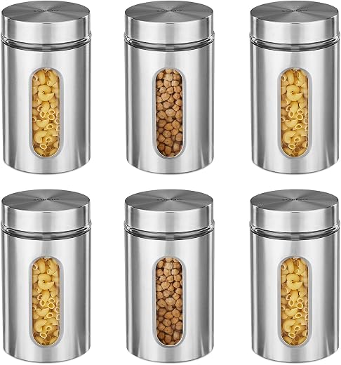 Amazon Brand - Solimo Oval Window Steel Jacketed Glass Jar | Multipurpose Kitchen Organizer With See-Through Window | 1200...