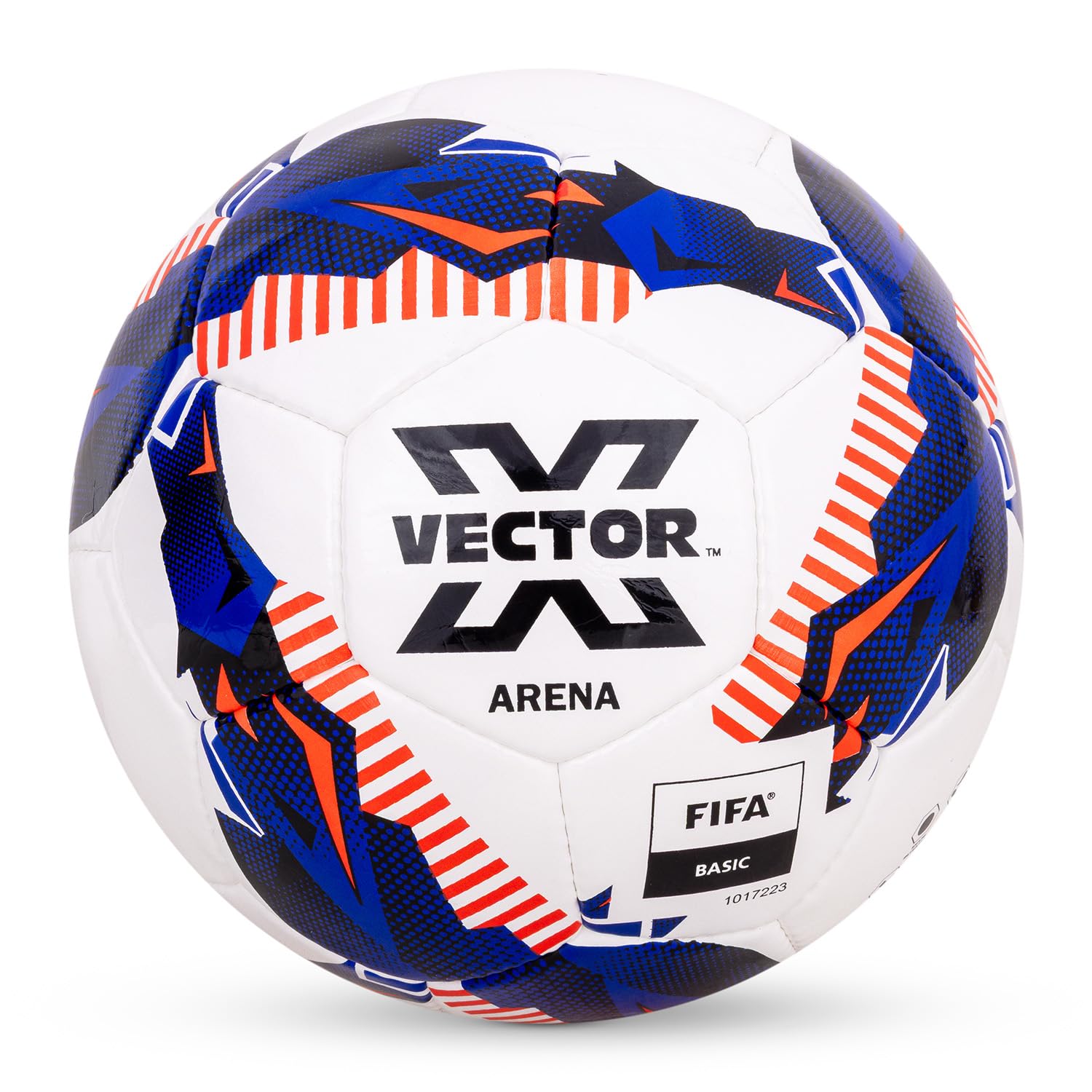 Vector X Arena Soft Shiny PU Hand Stitched FIFA Basic Approved Indoor/Outdoor Water-Resistant Football with Latex Bladder, White-Blue-Red, Size 5, Suitable for Match and Training for Adults 15+ Years