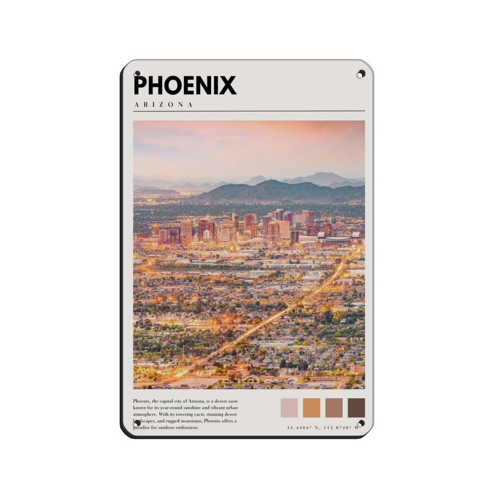 Phoenix Downtown City Poster Phoenix Art Arizo Tin Sign Vintage Metal Pub Club Cafe Bar Home Wall Art Decoration Poster Retro 8x12inch(20x30cm)