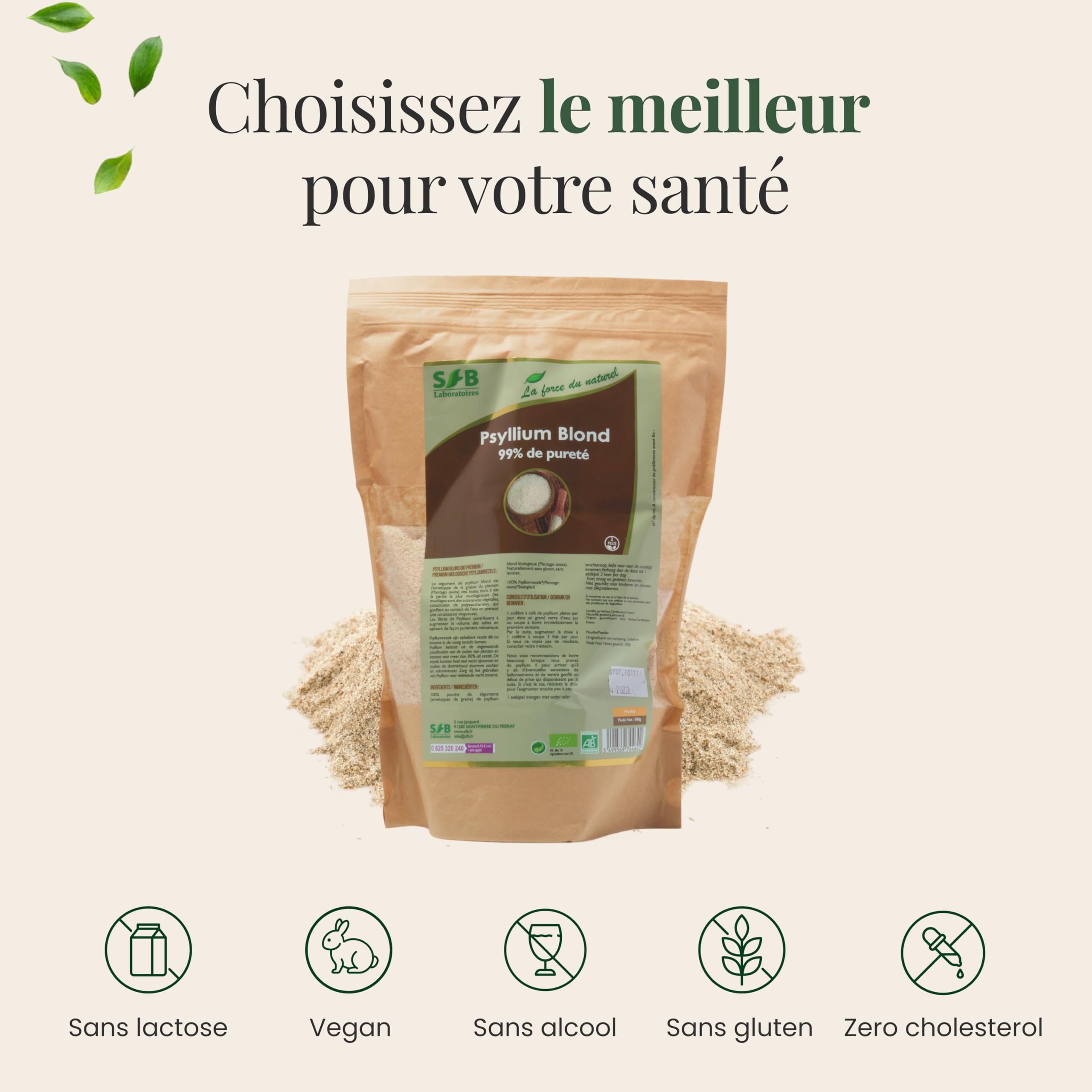 SFB Laboratoires Psyllium Blond Bio 500g – Fibres Naturelles pour une Digestion Saine et un Transit Régulier – Téguments Purs à 99% – Certifié Biologique, Adapté Régime Vegan et Sans Gluten