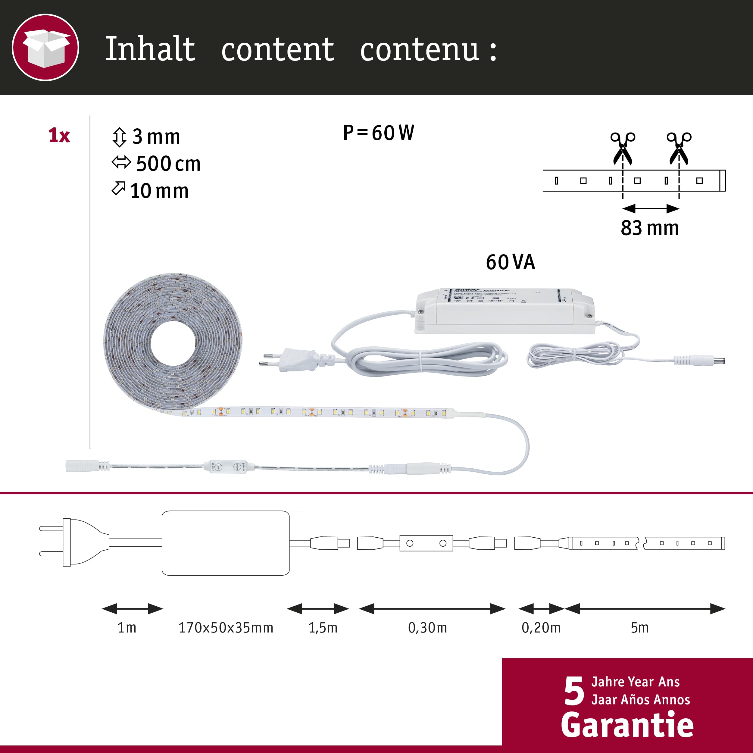 Paulmann 789.60 SimpLED Power Strip Set 5m Neutralweiß 50W beschichtet mit Schnurdimmer 1100lm/m