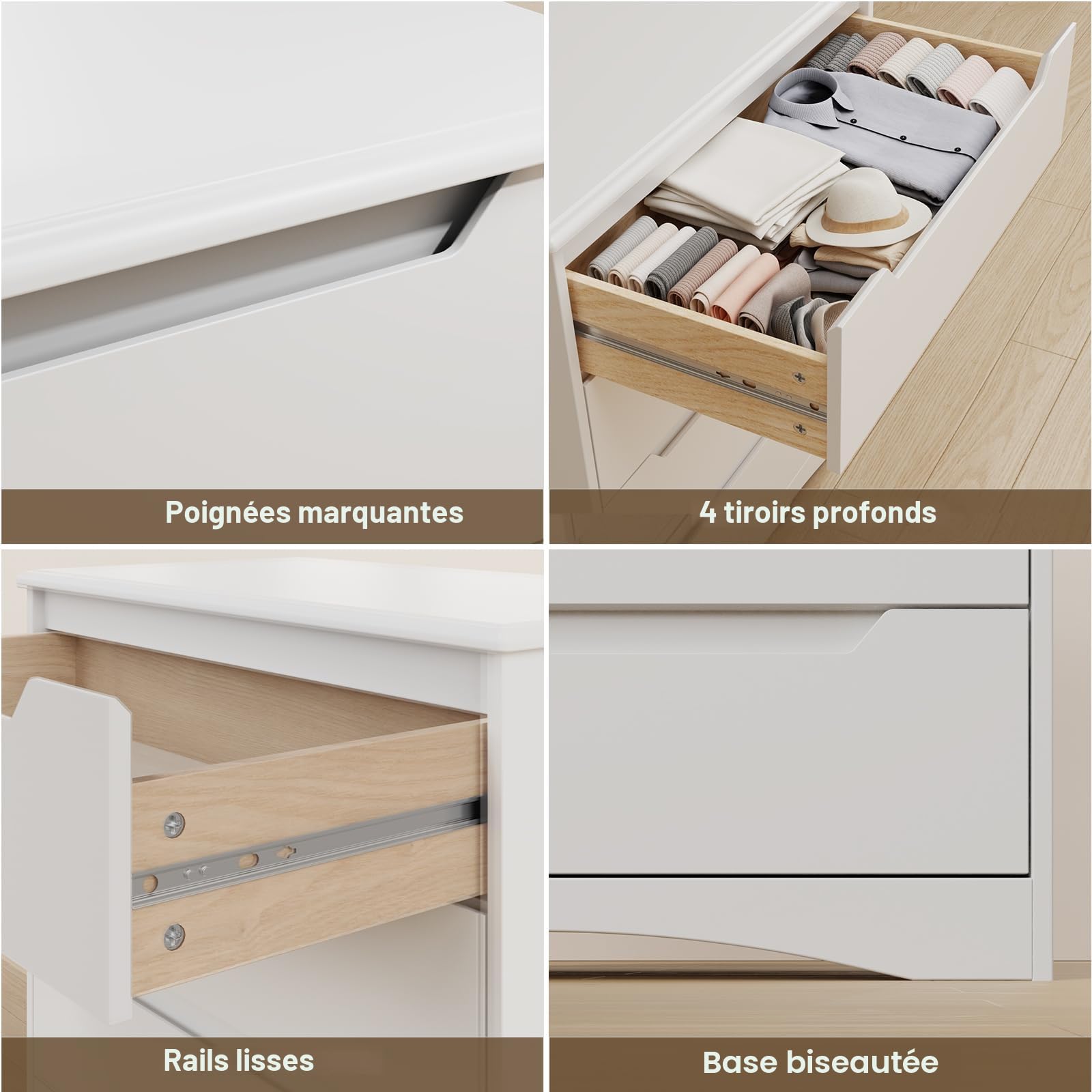 Bealife Commode Blanche à 4 Tiroirs - Meuble de Rangement Spacieux et Élégant pour Chambre, Salon et Entrée