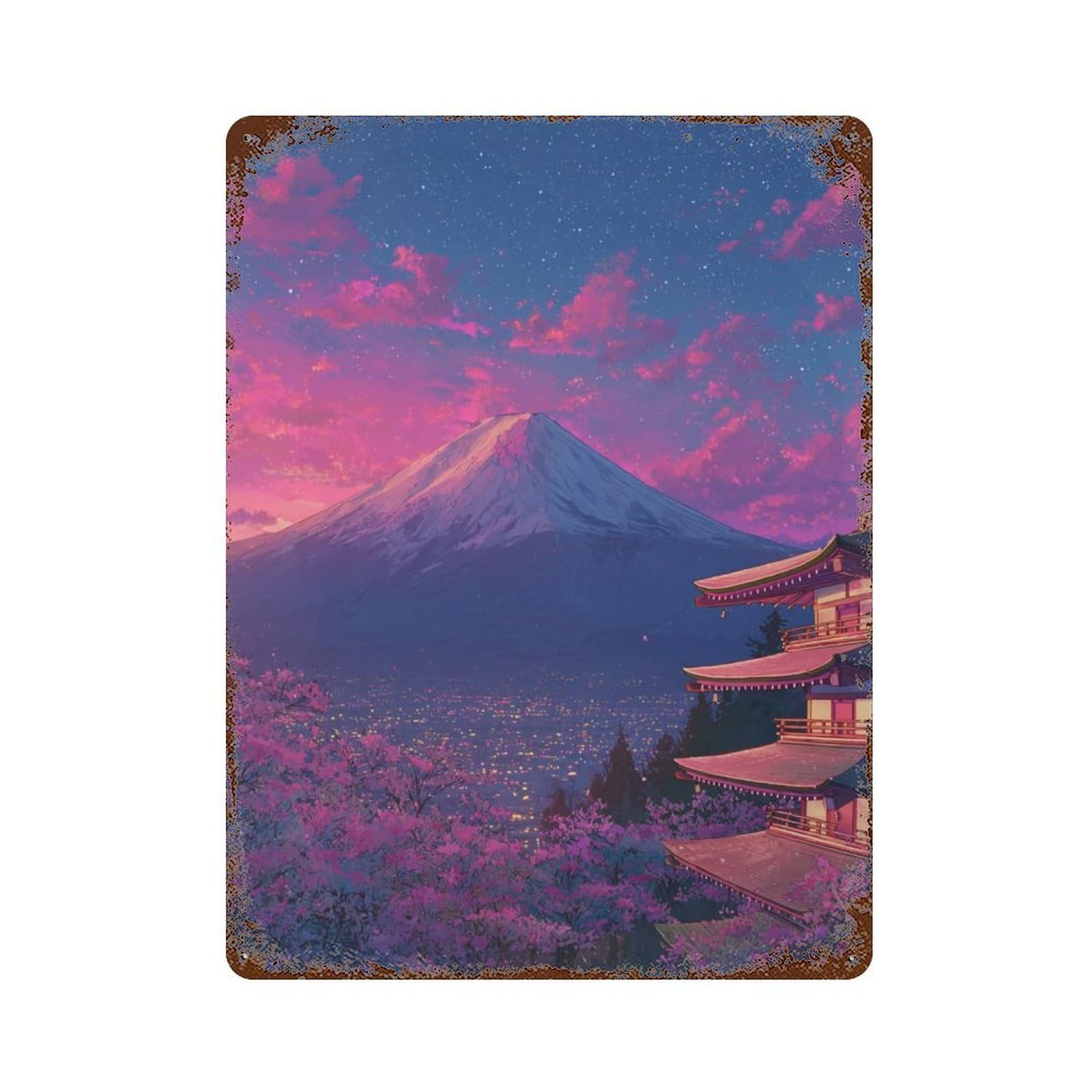 Weathered Tin Sign Mount Fuji Night View 15.7"x11.8", Rustic Home Decor for Basement, Hobby Room And Garage Decor