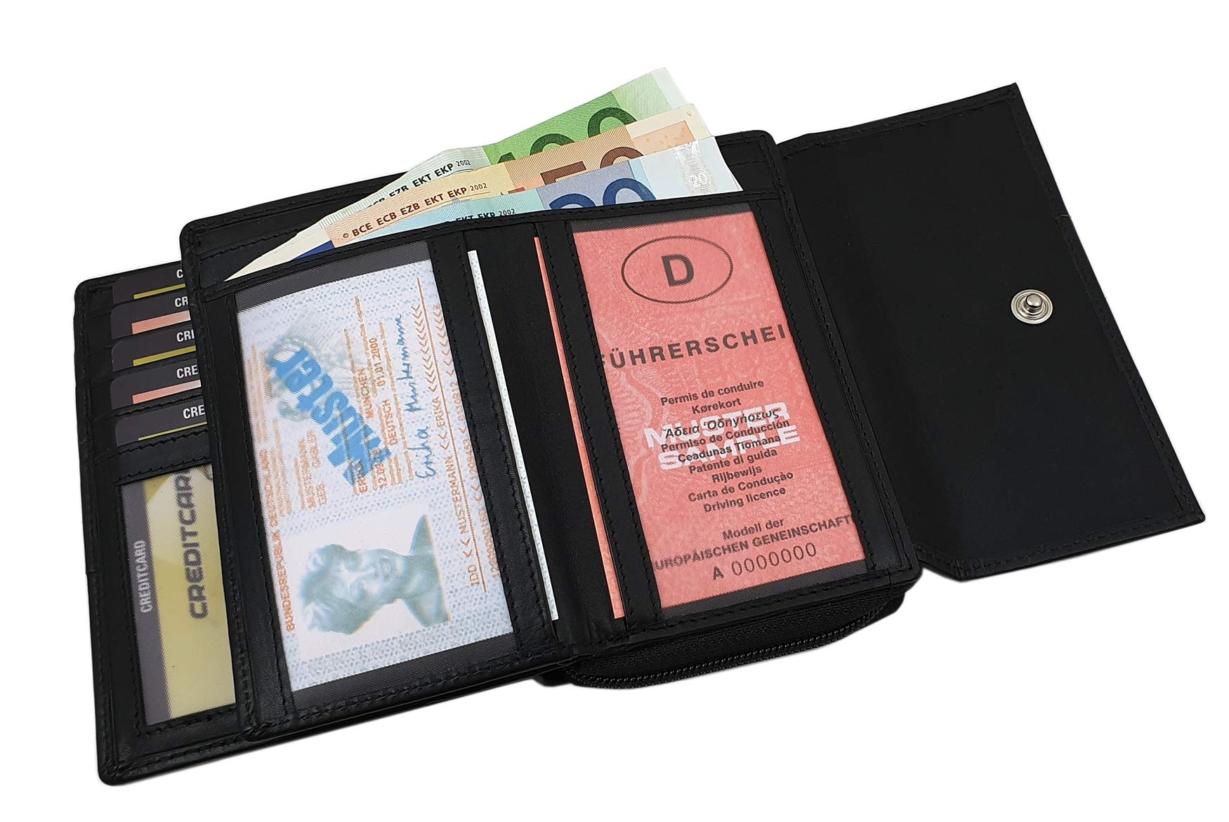 Rind-Nappa Leder Damen Geldbörse mit RFID & NFC Schutz in Schwarz