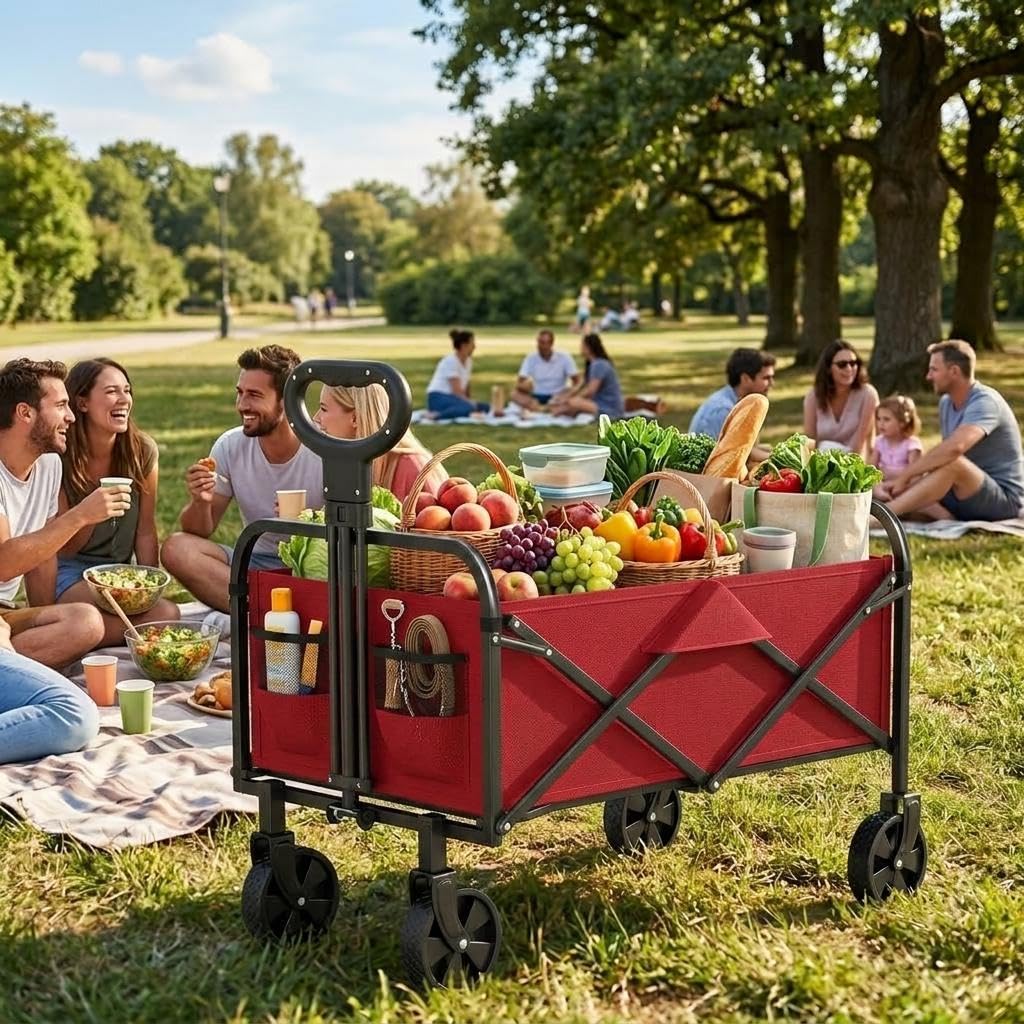 Aptliton A-Red Heavy Duty Collapsible Outdoor Wagon Trolley, 220L Large Capacity Folding Cart With All Terrain Wheels, Portable Utility Trolley For Picnic Beach Garden Fishing Shopping