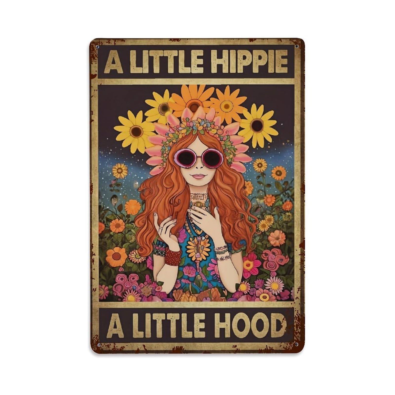 Jdfenggu Girls Vintage Hippie With Flowers Retro Metal Tin Sign, Metal Poster For Bar, Home, Man Cave, Kitchen, Laundry Room Art Decor 8X12 Inch