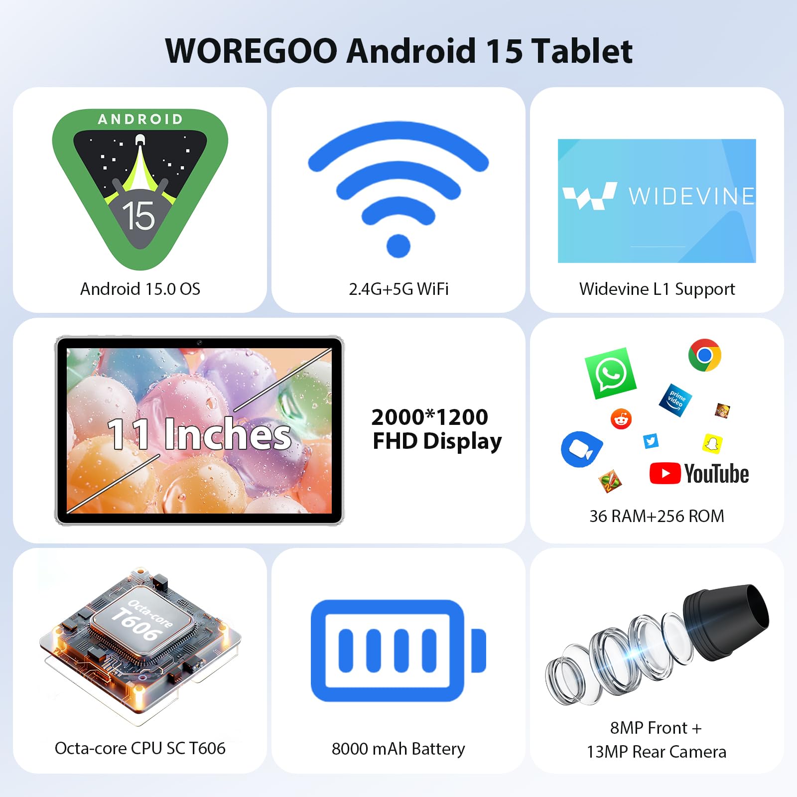 WOREGOO 11 Pollici Android 15 Tablet, 5G WiFi, Tablet in Offerta Octa-Core, 36GB RAM+256GB ROM (1TB TF), Display 2000x1200 FHD, Widevine L1/8+13MP/8000mAh/GMS/GPS, con Tastiera+Mouse (Grigio)