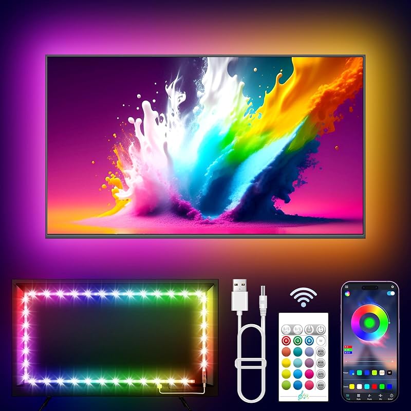 KANTUTOE Luces LED para TV, luces LED de 13.1 pies para televisores de 43 a 65 pulgadas, retroiluminación de TV RGB detrás con sincronización de música, aplicación Bluetooth y tira de luz de control remoto alimentada por USB para decoración de sala de juegos de dormitorio