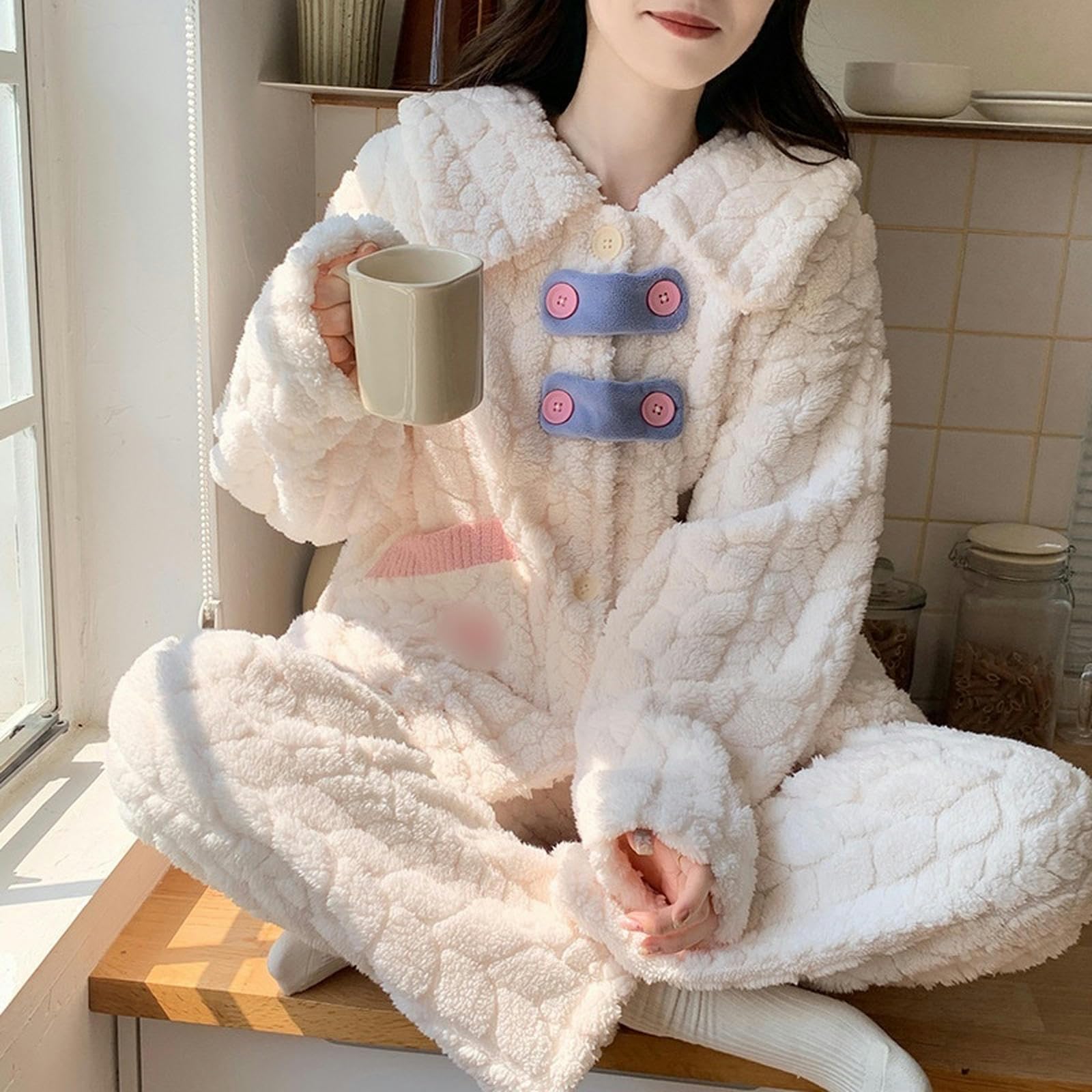 Pyjama Winterhose Süßes Mädchen Hauskleidung Anzug Langarm Großer Revers Jacquard Cardigan Pyjama Weiblich-beige C-m