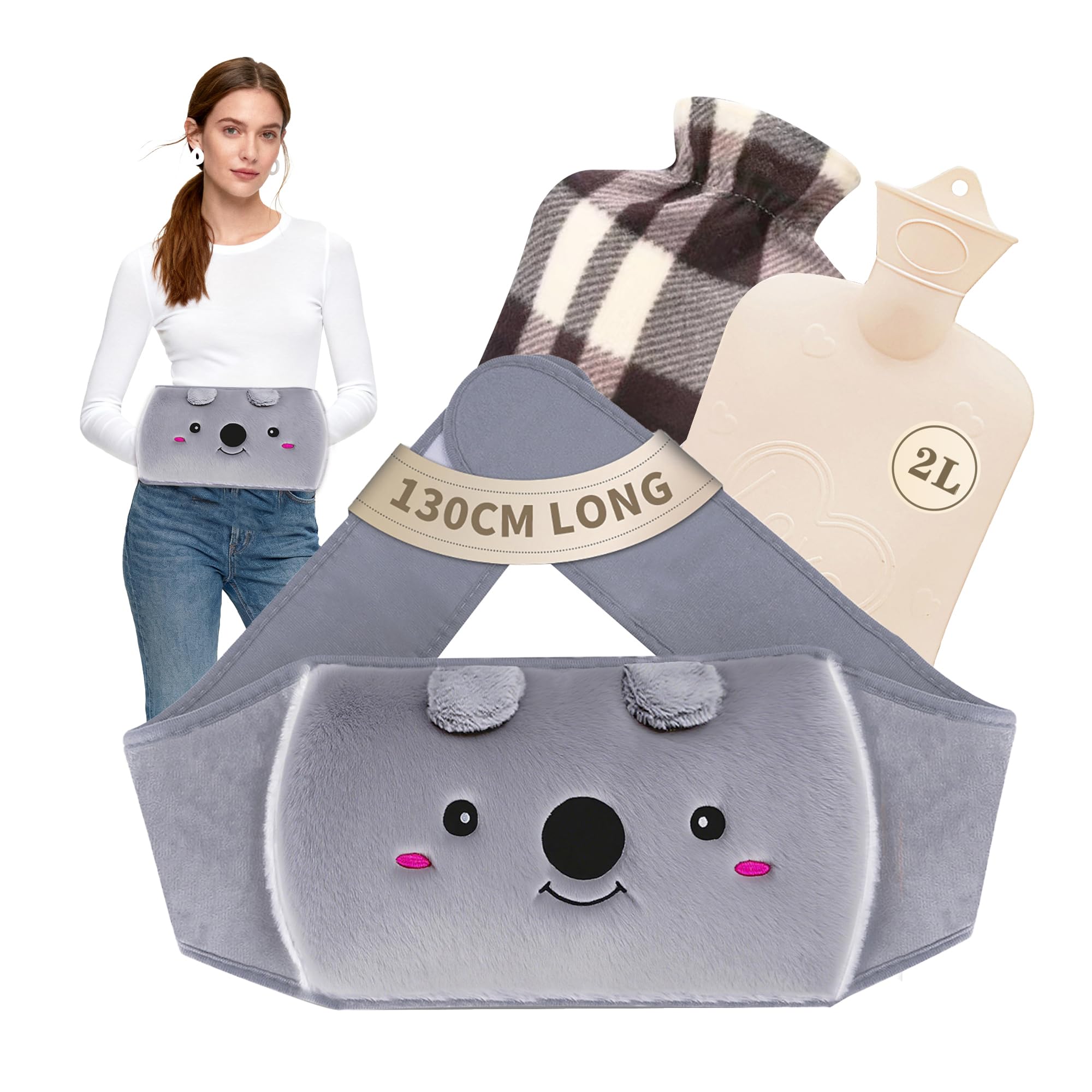 Hot Water Bag, Hot Water Bottle wtih Cover, 2L Rubber Warm Hot Water Bottles Pouch with 130cm Long Soft Waist Cover for Neck, Shoulder, Back, Hand,