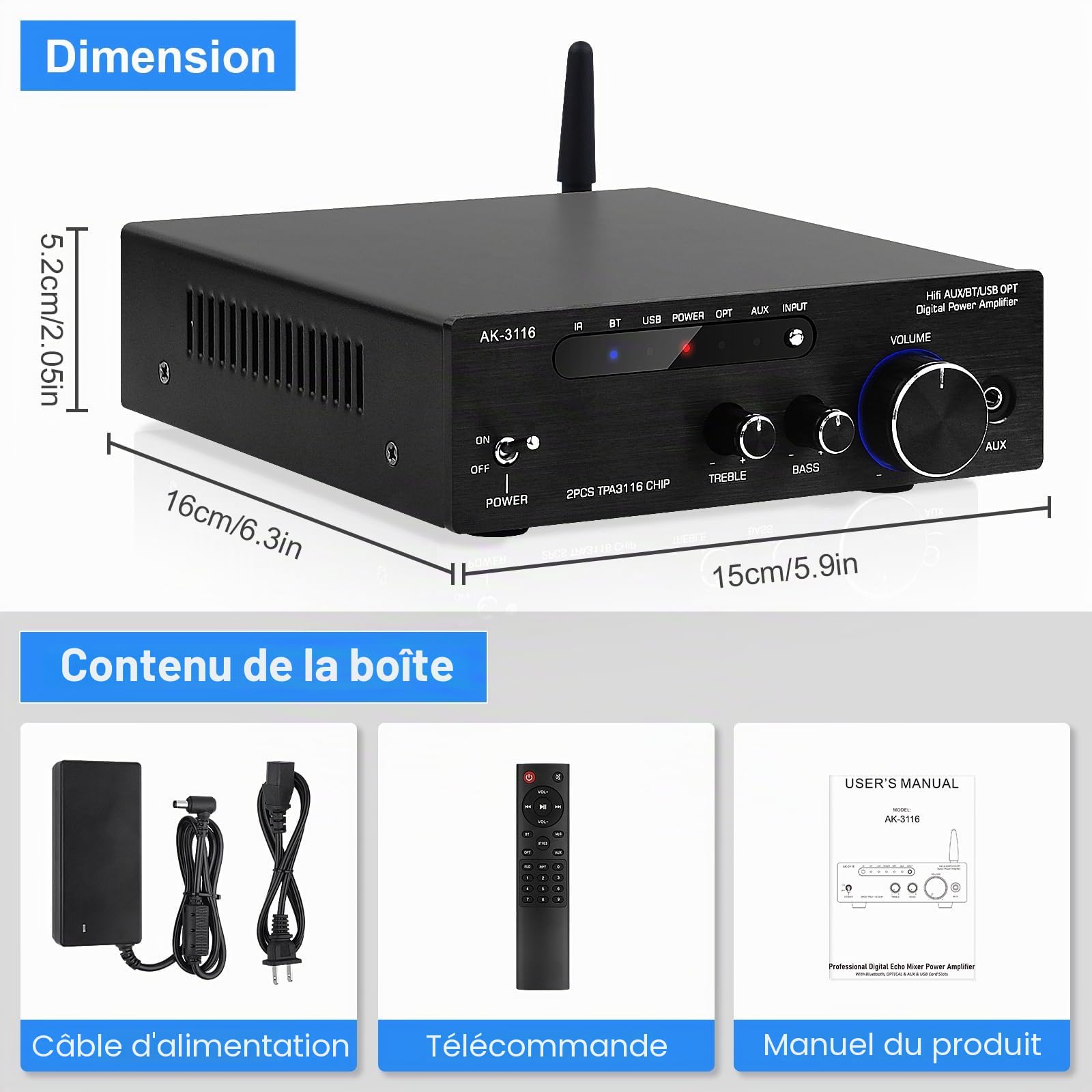Amplificateur HiFi Bluetooth 5.0, AK-3116 Mini amplificateur Audio stéréo 2.0 canaux 100W x 2 récepteur amplificateur de Puissance numérique de Classe D avec Puce d'amplification TPA3116 Entrée BT