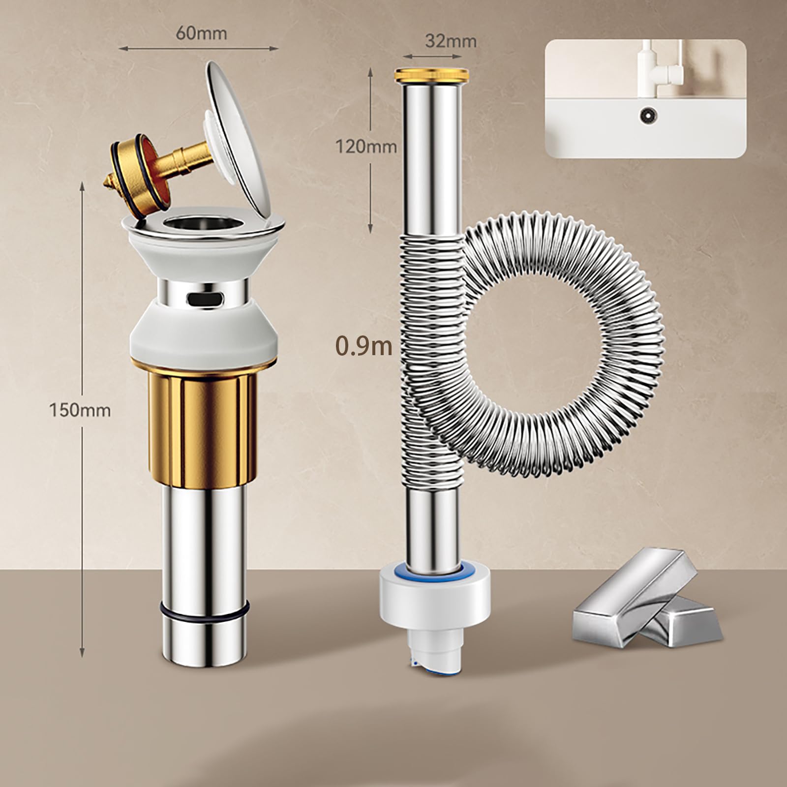 Sifon Lavabo con Rebosadero y Válvula Click Clack Lavabo Regulable en Altura Tubo Flexible Desague Lavabo Fregadero Kit de Desagüe Desague Lavabo