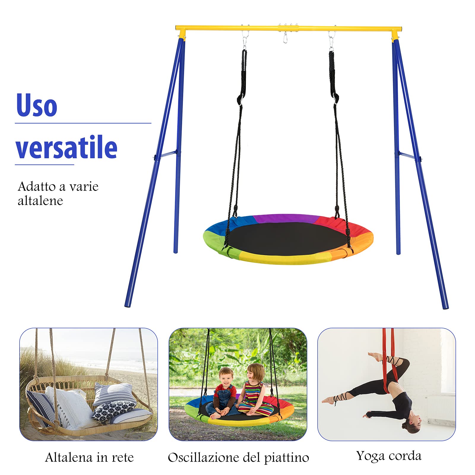 COSTWAY Supporto per Altalena Bambini, Base da Altalena per Bambini in Metallo, Strattura per Altalena da Giardino, Portata 200 kg (Blu e Giallo)