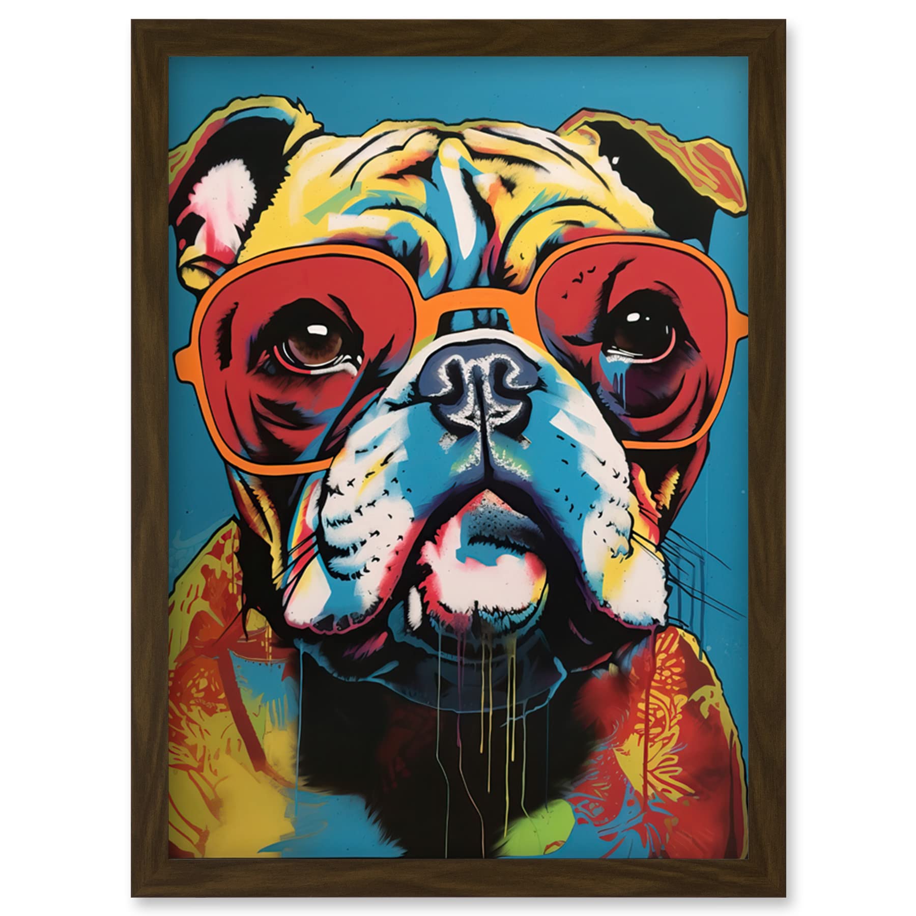 Artery8 English Bulldog Wearing Sunglasses Modern Pop Art Artwork Framed Wall Art Print A4