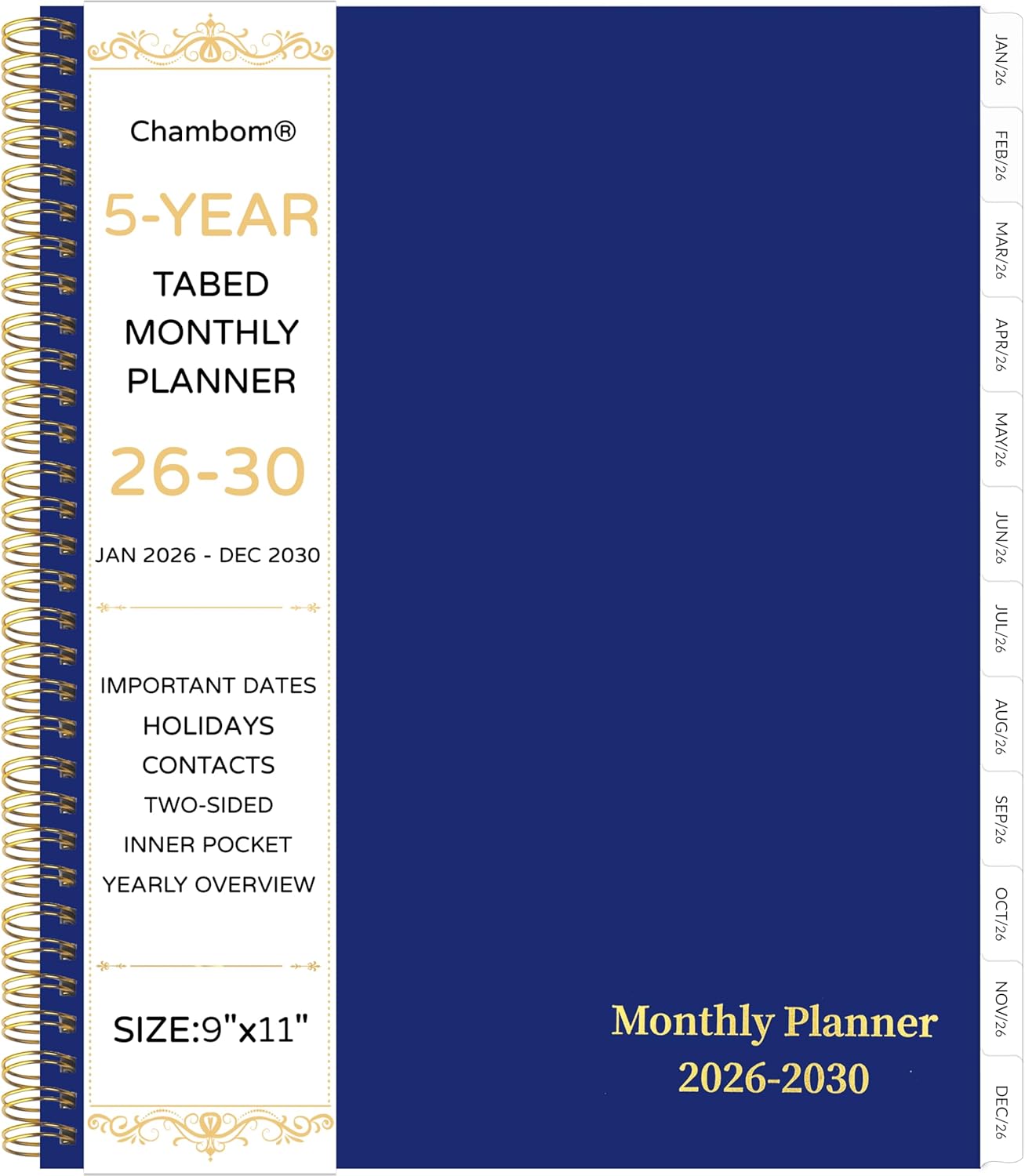 2026-2030 Monthly Planner, 5 Year Monthly Planner/Calendar 2026-2030, 60-Month Jan 2026 – Dec 2030, 9" x 11", Tabs, Double-Side Pocket, Holidays, Thick Paper - Blue