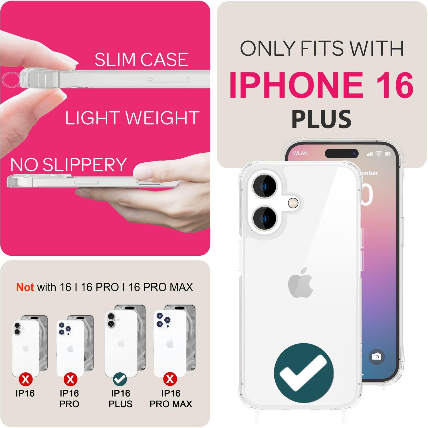NALIA Necklace Case for iPhone 16 Plus, Transparent Hybrid Cover & Strap, HANGIT PRO (Anti-Yellow Back & Adjustable) - Image 4