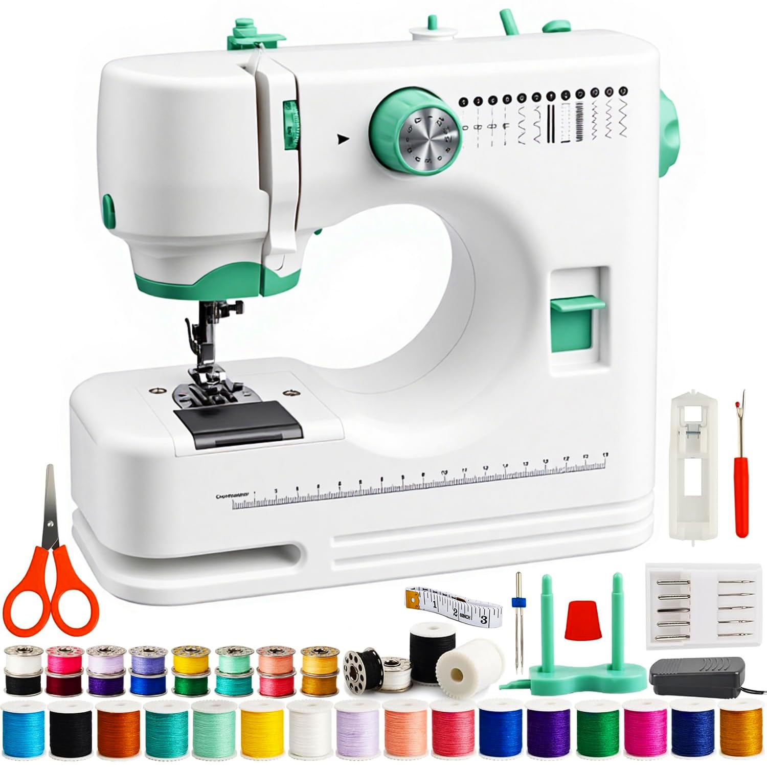 FONCOOD Sewing Machine for Kids Beginners,36Pcs Thread and Needles Set,Portable Electric Sewing Machine, 12 Built-in Stitches,Foot Pedal Control for DIY Crafts, Mending & Home Projects,White& Green