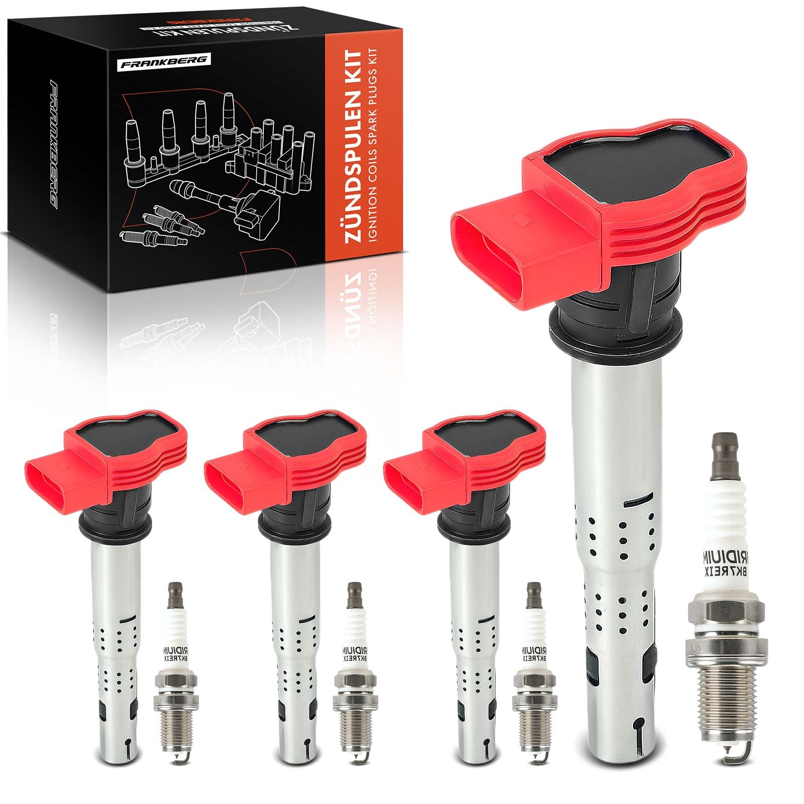 Frankberg Juego de 4 bobinas de encendido y bujías para gasolina | Compatible con: R8 Spyder 427 429, A4 8EC, A8 4E2 4E8, C.a.y.e.n.n.e 92A, A5 Sportback 8TA, A6 Allroad 4GH 4GJ, Q7 4LB