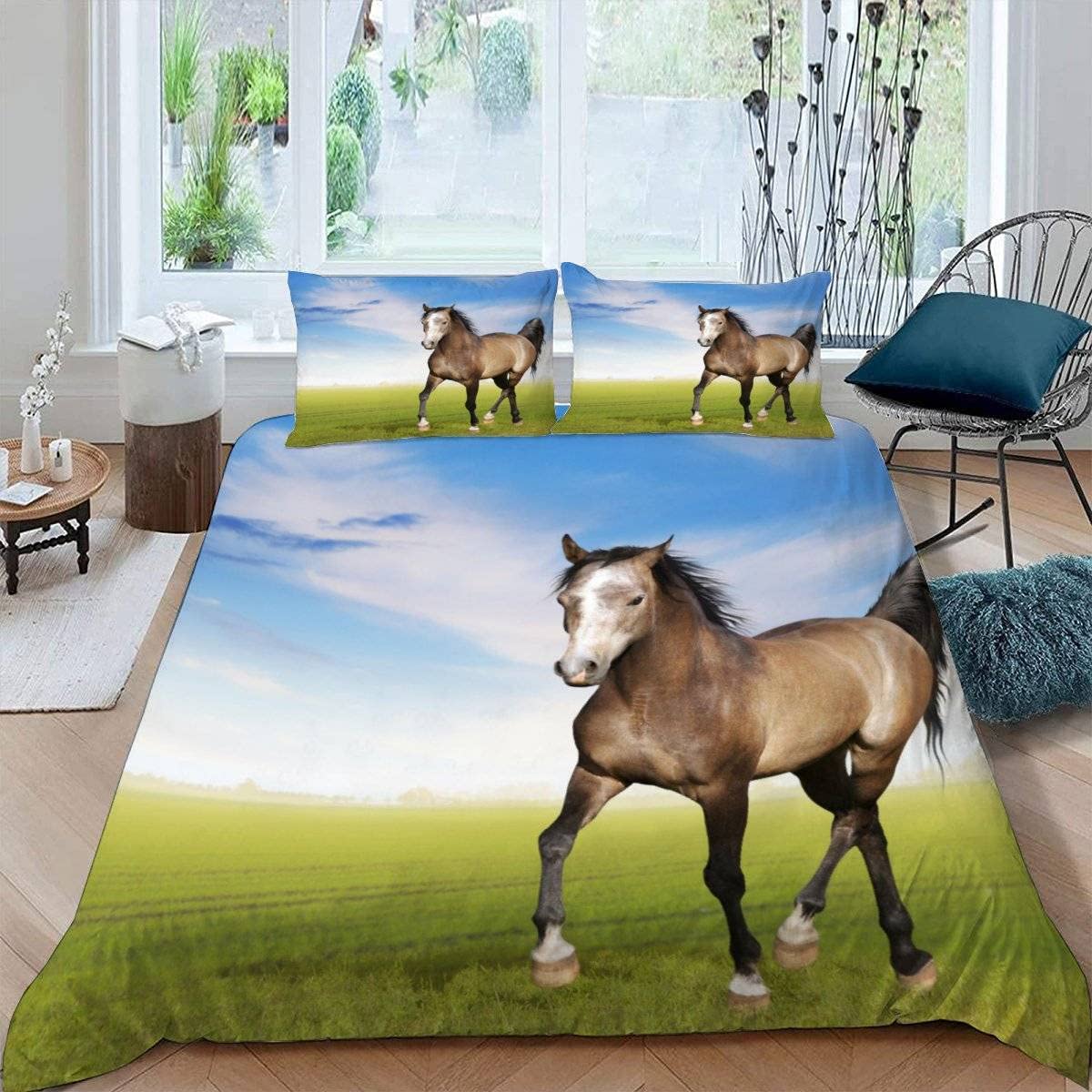 RFFLUX 3D Horse Single Duvet Cover Set 3 Pieces 135x200 Soft Microfiber Gallop Horse Quilt Cover with Zipper Closure Easy Care Bedding Set with 2 Pillowcase for Kids Boys Girls Teens — image 1