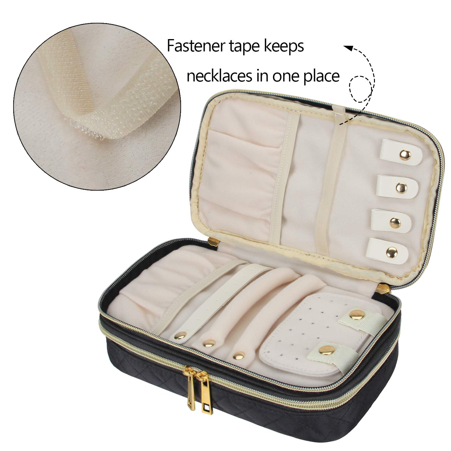 Teamoy Étui à Bijoux de Voyage, Pochette Bijoux Voyage matelassé à Double Couche avec Compartiments, Porte-Collier et Panneau de Boucles d'oreilles, Noir