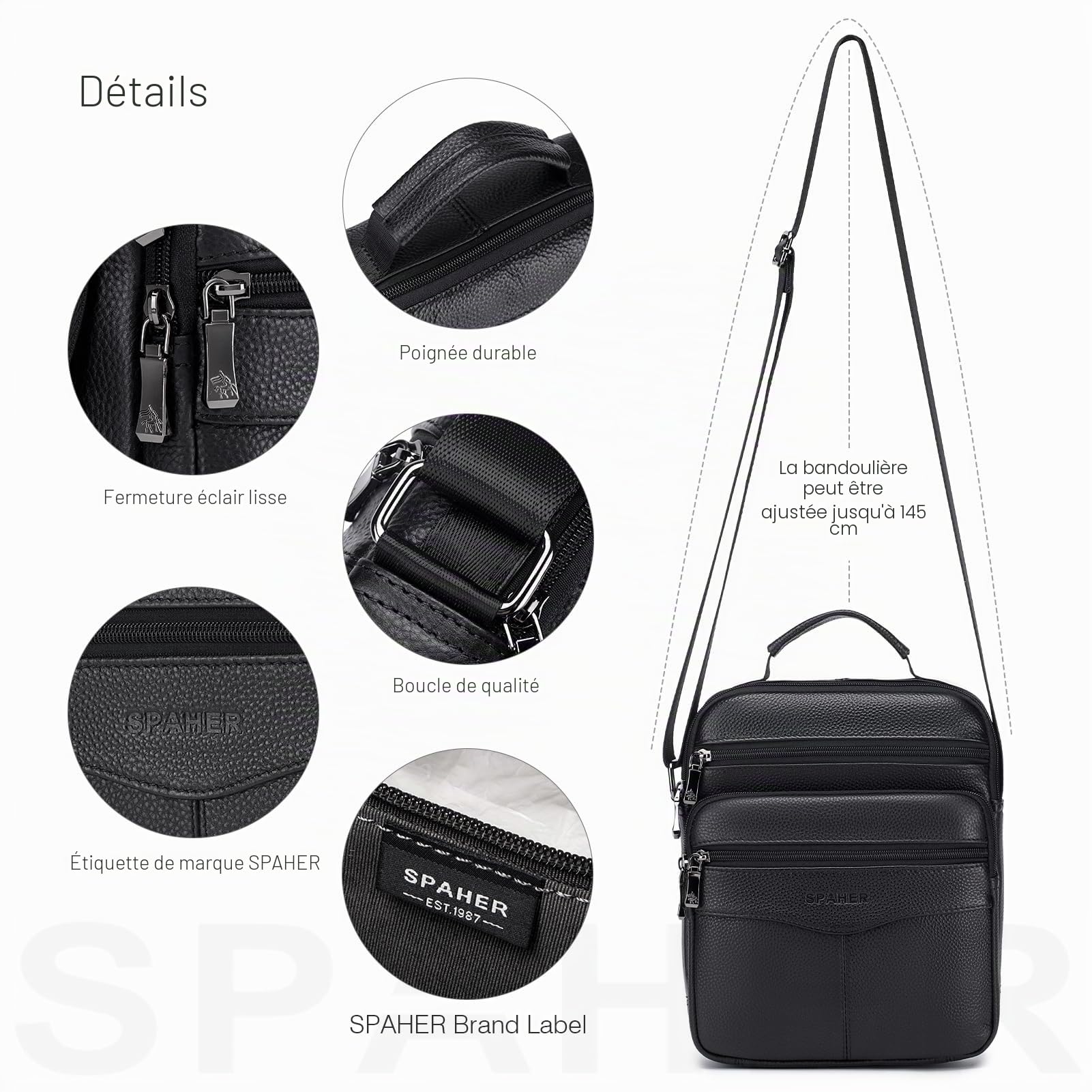 SPAHER Grand Sacoche Homme Bandouliere Cuir Sac porté Epaule en Cuir Homme Pochette Besaces Sac à Dos Sac de Messager Porte-Documents Sac Bandoulière Cartable Crossbody Sac à Main