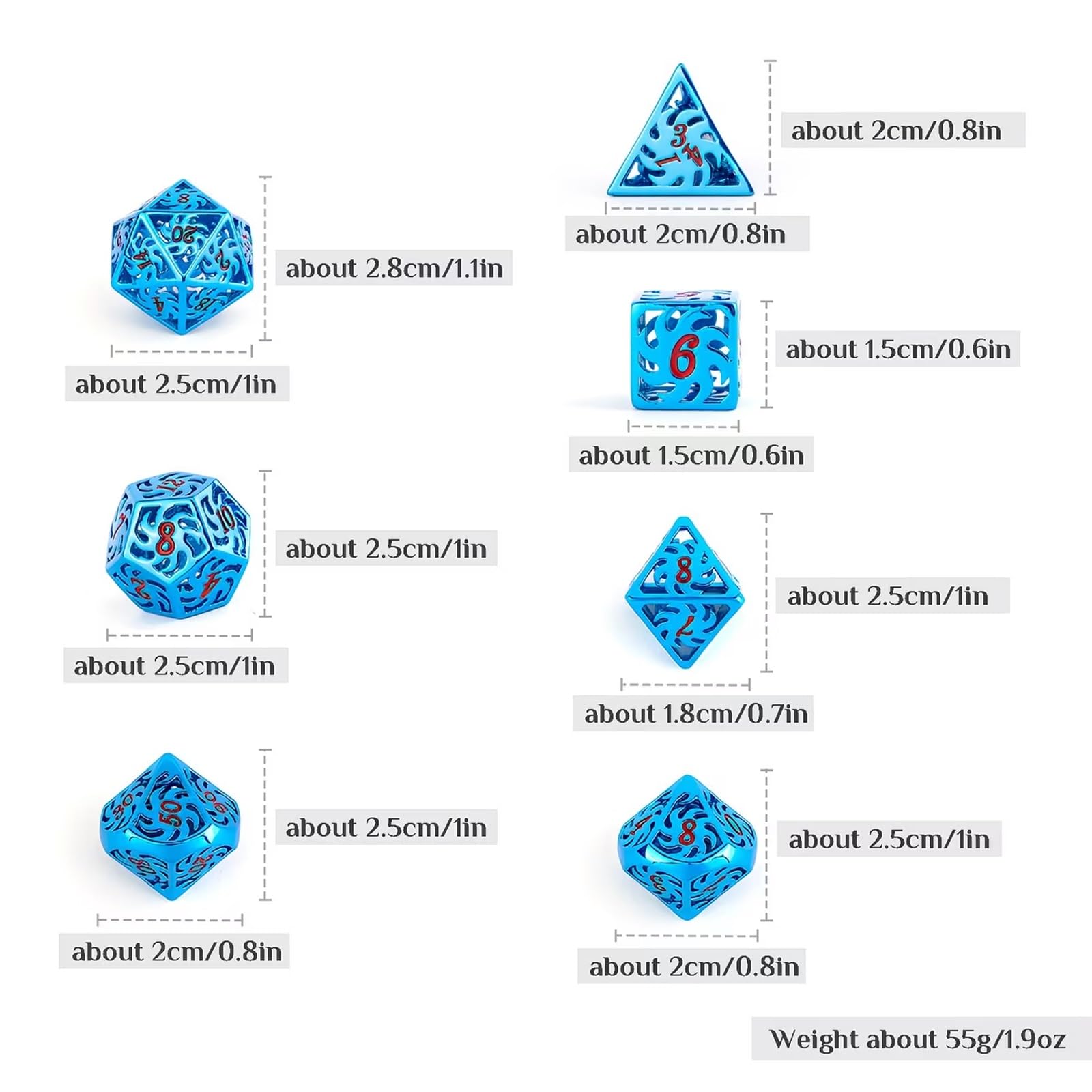 Ensemble de 7 Dés Polyédriques Creux en Métal Bleu, Compatibles avec Les Jeux de Rôle, Les Jeux de Société et Les Jeux de Cartes