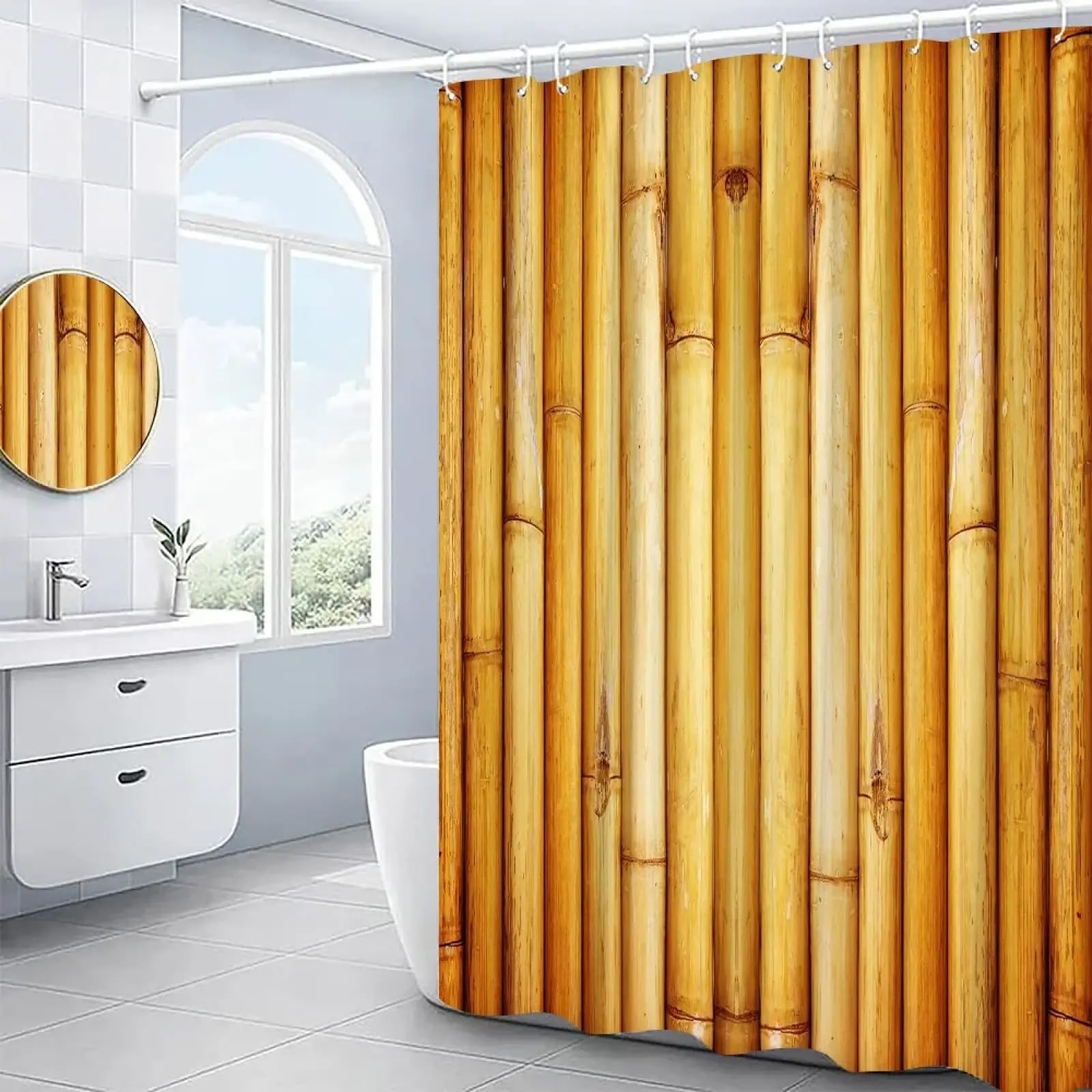 Rideau de douche bambou 150x175 cm imperméable en polyester anti-moisissure