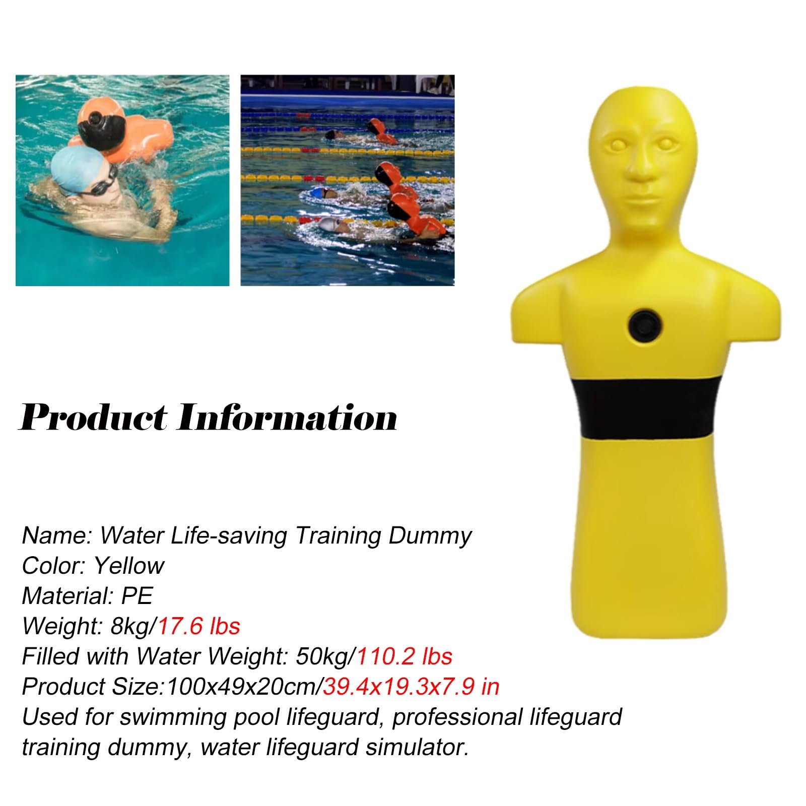 MZZKFC Teenagers/Adults Swimming Teaching Tools, Water Rescue Training Dummy for Home & Community Safety Practice, PE Fire Drill Model 110.2 LBS After Water Injection(Yellow)