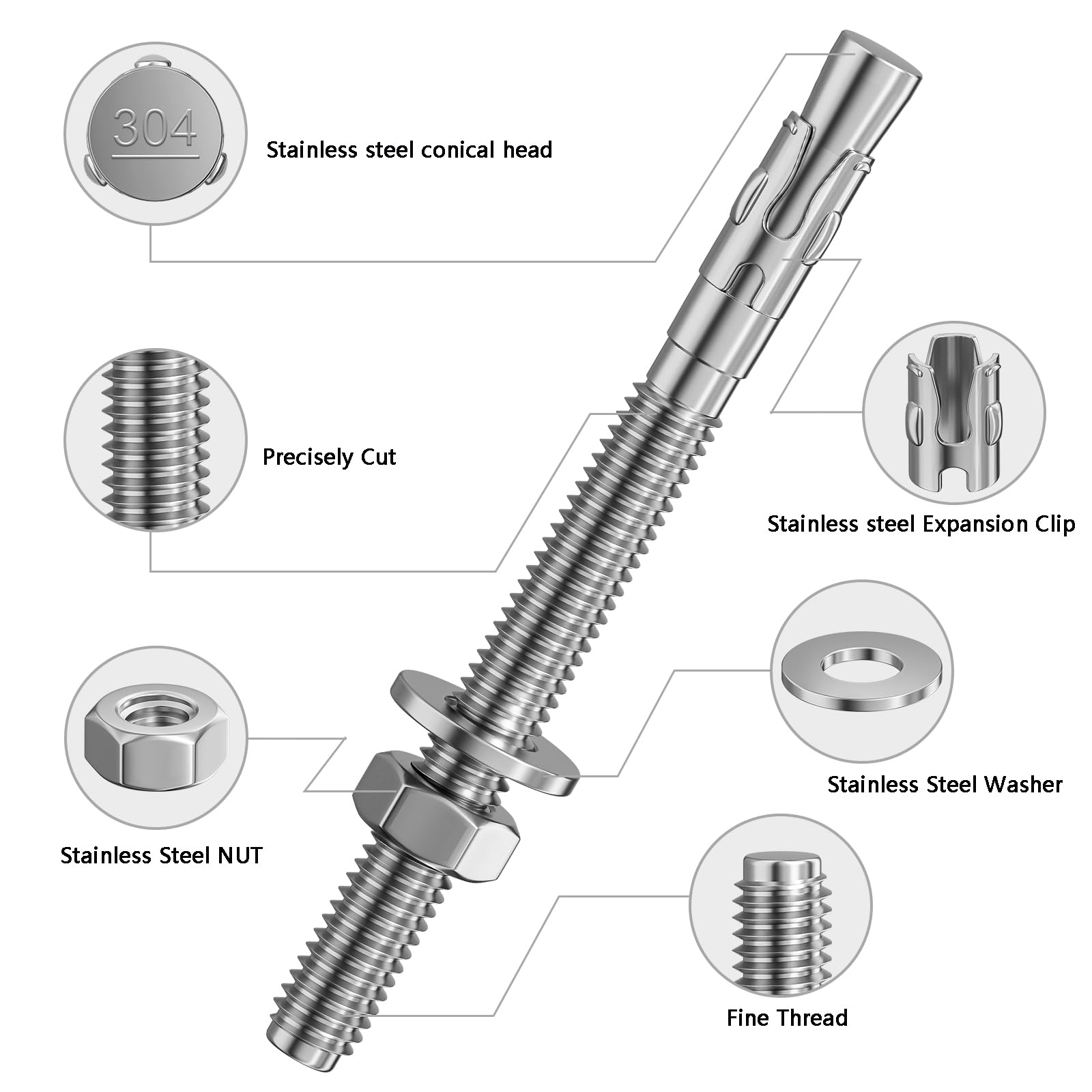 Wensilon 5 elementi di fissaggio standard da 5/8 x 5 pollici per ancoraggi a cuneo in acciaio inossidabile 304 per cemento e calcestruzzo