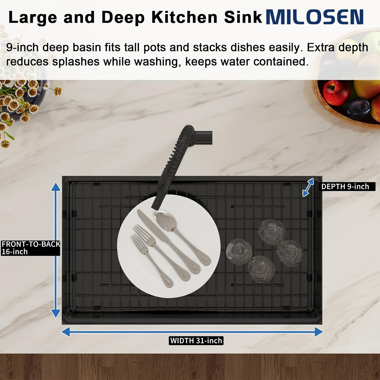 MILOSEN Black Undermount Kitchen Sink, 32x18 inch T304 Black Stainless Steel Workstation Sink, Single Bowl Kitchen Sinks with Bottom Grid and Strainer, 9 inch Deep and Large Modern Sinks