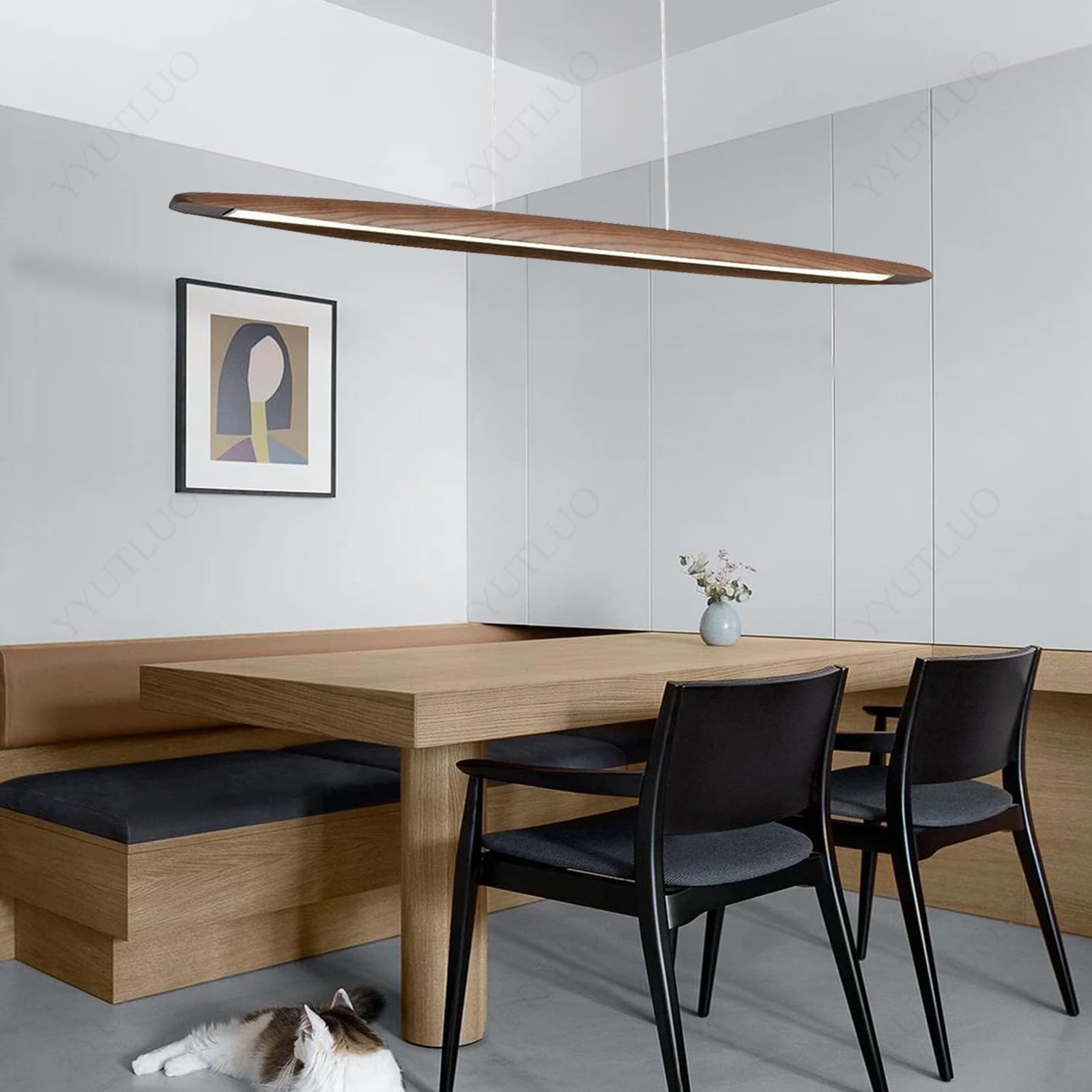 Lámpara Colgante De Madera LED, Lámpara Colgante Para Mesa Comedor, Marrón Regulable Con Control Remoto, Candelabro Altura Ajustable Diseño Lineal Moderno Candelabro Para (100cm)