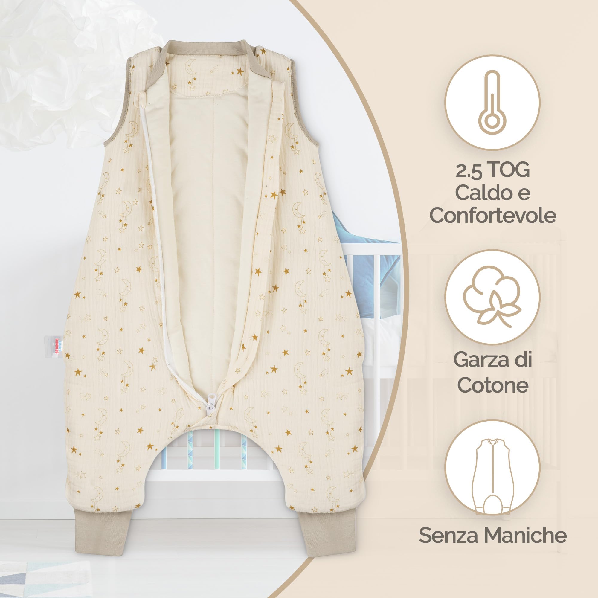 Juicy Bumbles Sacco Nanna con Piedini 2.5 Tog Imbottito in Garza di Cotone - Sacco Nanna Invernale 1-4 Anni - Sacco Nanna 2.5 Tog con Gambe Sacco Nanna Autunno Inverno