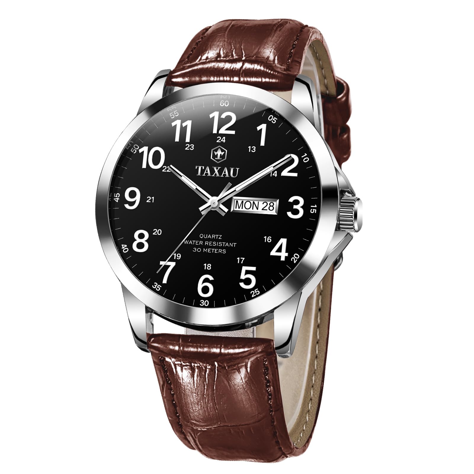 Taxau - Herren wasserdichte Uhr Leder - Leuchtende Herren Uhr Zifferblatt - Datum Geschäftsuhren Freizeit