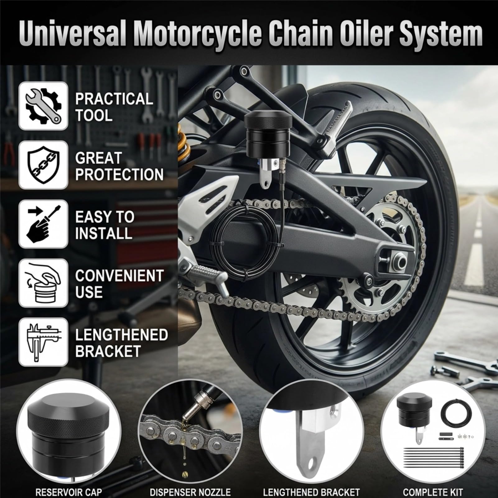 Motorradkettenöl -Ölsystem, Einfach zu Installierende Kettenschmiermittel mit Klammern, Verlängerte Halterung Universal Motorcycle Oiler, für Fahrt (Schwarz)