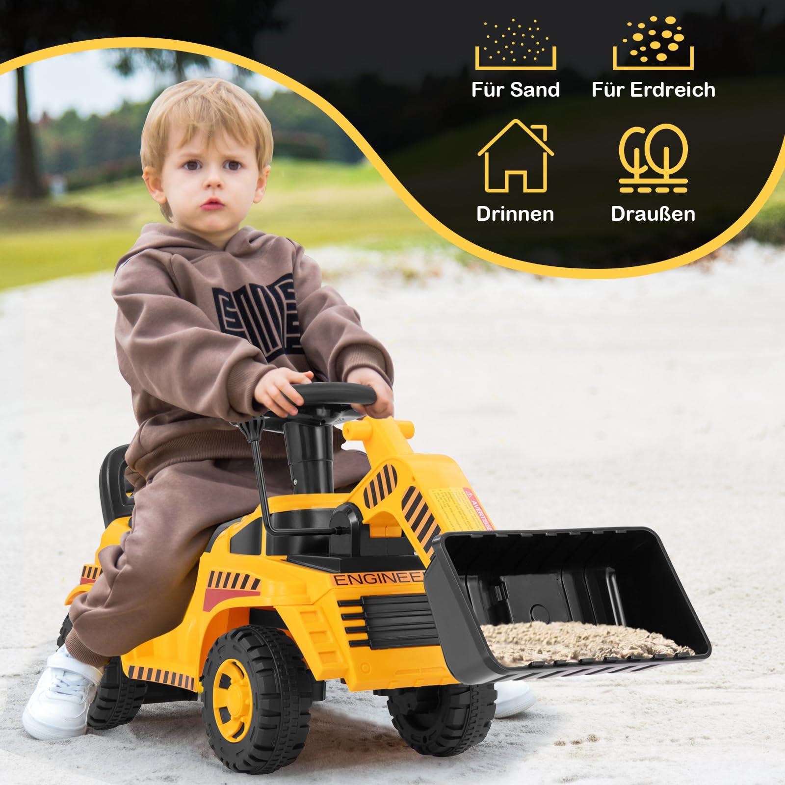 COSTWAY Bagger zum aufsitzen, Sitzbagger mit Verstellbarer Schaufel & Stauraum unter Sitz, Kinderbagger mit Motorsound & Kippschutz, Sandkasten Aufsitzbagger für Kinder ab 1 Jahr