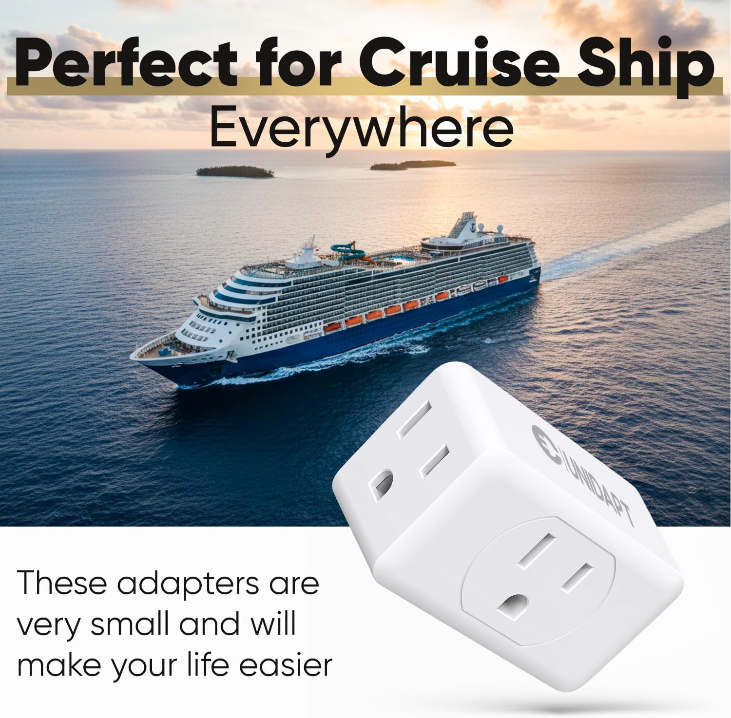 Unidapt Multi Plug Outlet Extender 4 Pack - 3 Way Wall Outlet Splitter, Cruise Ship Essentials Power Plug Adapter, Compact Travel Wall Tap Expander, Flat Angled Design, Home, Office, Dorm - White