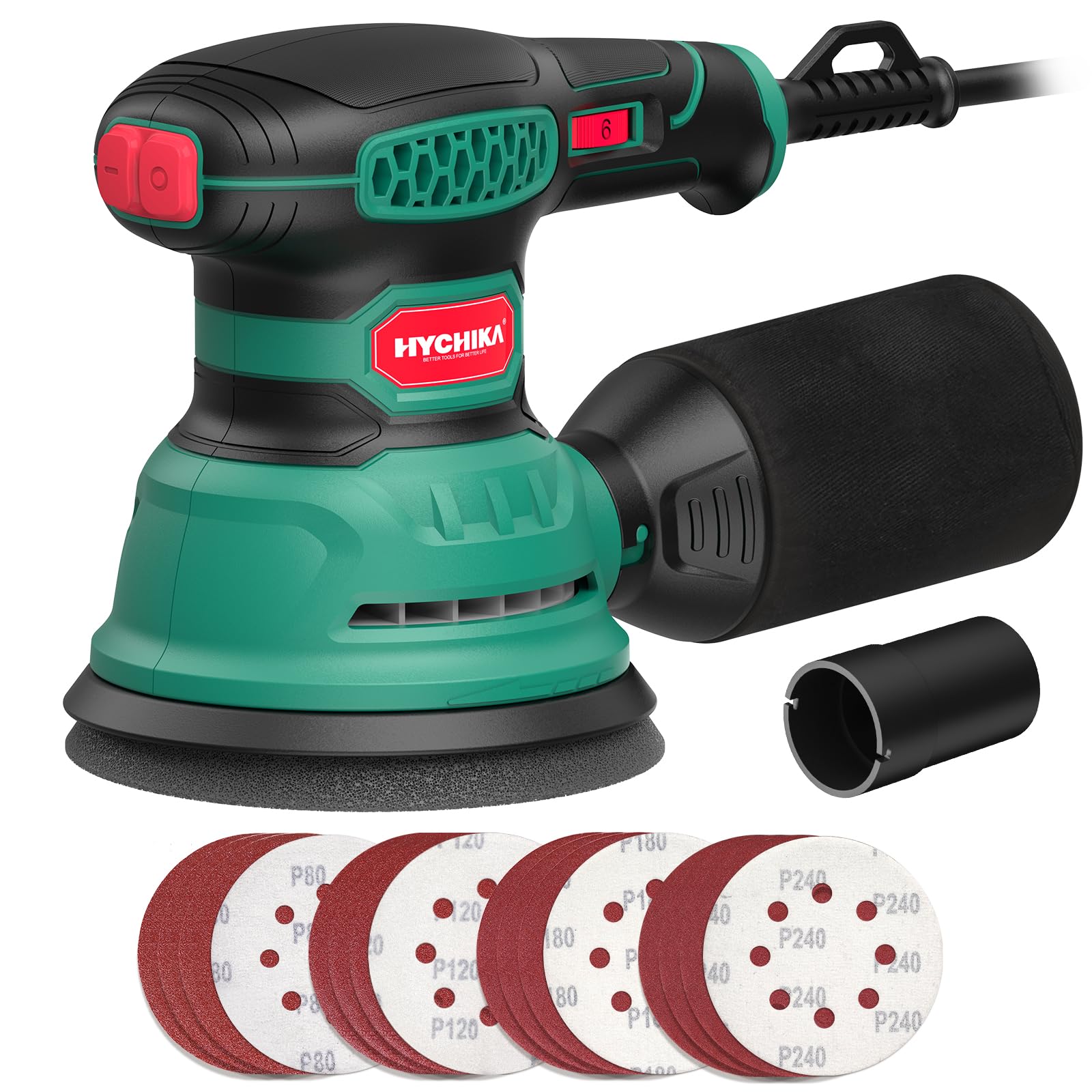 HYCHIKA Random Orbital Sander, 300 W 12000OPM Orbital Sander, 6 Speeds, Compact Random Orbital Sander, 125 mm, with 16 Pieces Sandpaper, for Sanding, Polishing Wood and DIY