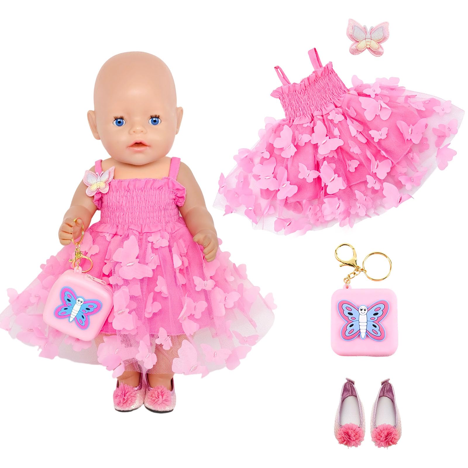 Baby Doll Clothes for 35–43 cm Dolls, Magenta Butterfly Tulle Dress Handbag Shoes Baby Doll Clothes and Accessories Set for 14-18 Inch Dolls, Girls' Birthday Gift
