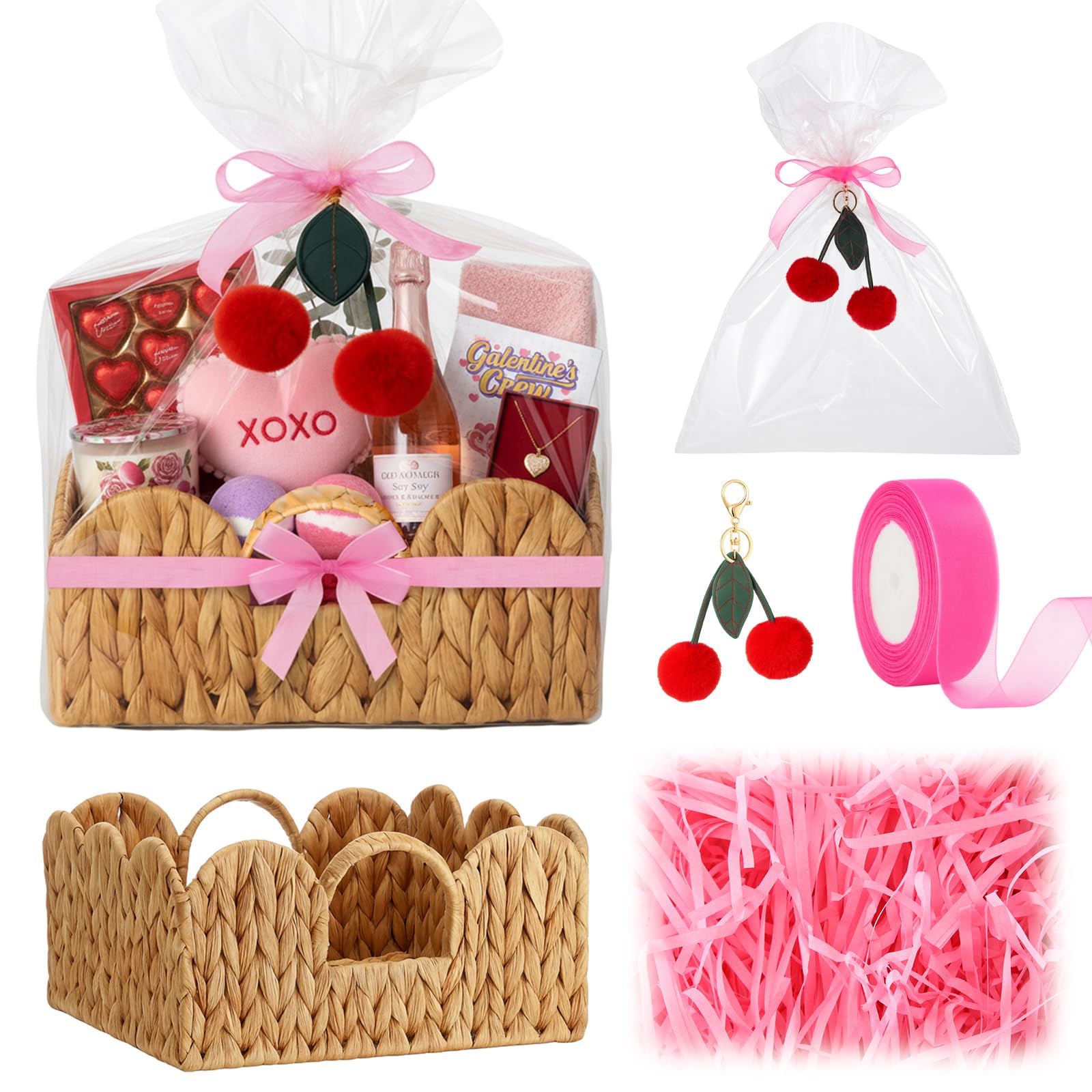 FoldTier 5 piccoli cesti regalo vuoti in tessuto con sacchetti regalo e nastri, ciondolo in rafia a forma di ciliegia, 28 x 28 x 13 cm, cestino portaoggetti per San Valentino, galentino, compleanno