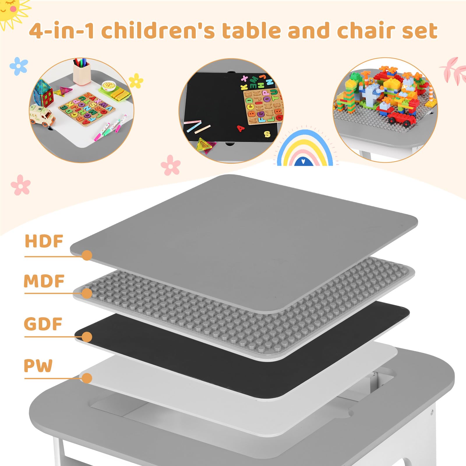 Clevich Kinder Tisch Stuhl Set, Kindersitzgarnitur, Stauraum, mit 2 PCS Stühlen, Kindersitzgruppe, Doppelseitiger Maltisch & Bauplatte, Packung mit 2 Stühlen, Kindermöbel für Kinderzimmer, Grau