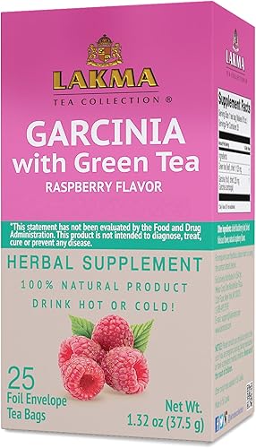 Lakma - Té verde Garcinia con sabor a frambuesa 25 bolsas de té sin OMC sin gluten sin lácteos sin azúcar y 100 natural