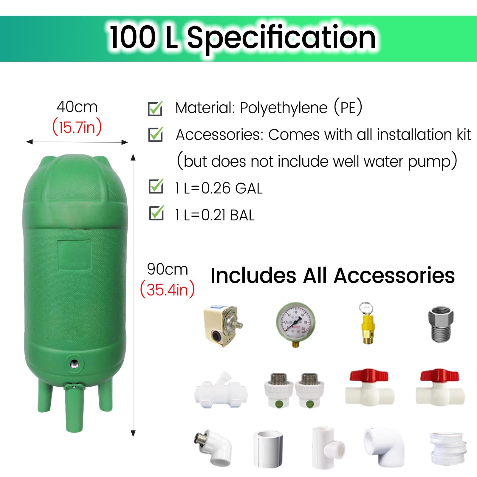 JYHHCYS Vaso de expansión Tanque De Presión para Pozo De Agua con Accesorios, para Bomba De Pozo, Tanque De Almacenamiento De Agua Presurizada para Cocina, Ducha E Inodoro(100L/26.4GaL(90x40cm))