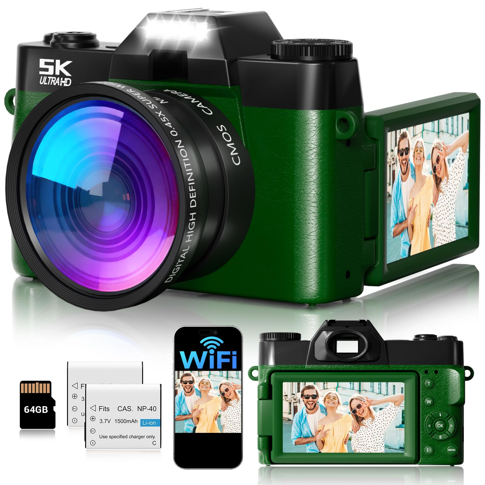 Digital Camera,UHD 75MP 5K Digital Camera for Photography with WiFi,64GB SD Card Vlogging Camera for YouTube,Travel Camera Featuring 3" 180°Flip Screen,Suitable for Beginners and Teens,Green
